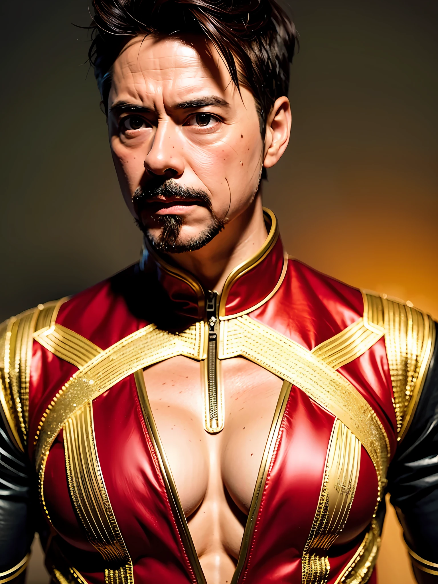 Marvel, Old Tony Stark, Realistic, Dynamic Lights, Old, Stubble, Full Shot, (Very Detailed CG Unified 8k Wallpaper), Trends on ArtStation, Trends on CGSociety, High Detail, Sharp Focus, Dramatic, Photorealistic Photorealism, Red and Gold Dresses