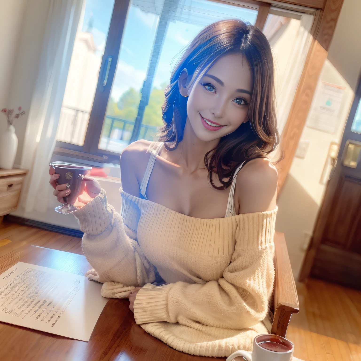 best quality, masterpiece, ultra high res, photorealistic, 1girl, offshoulder, smile