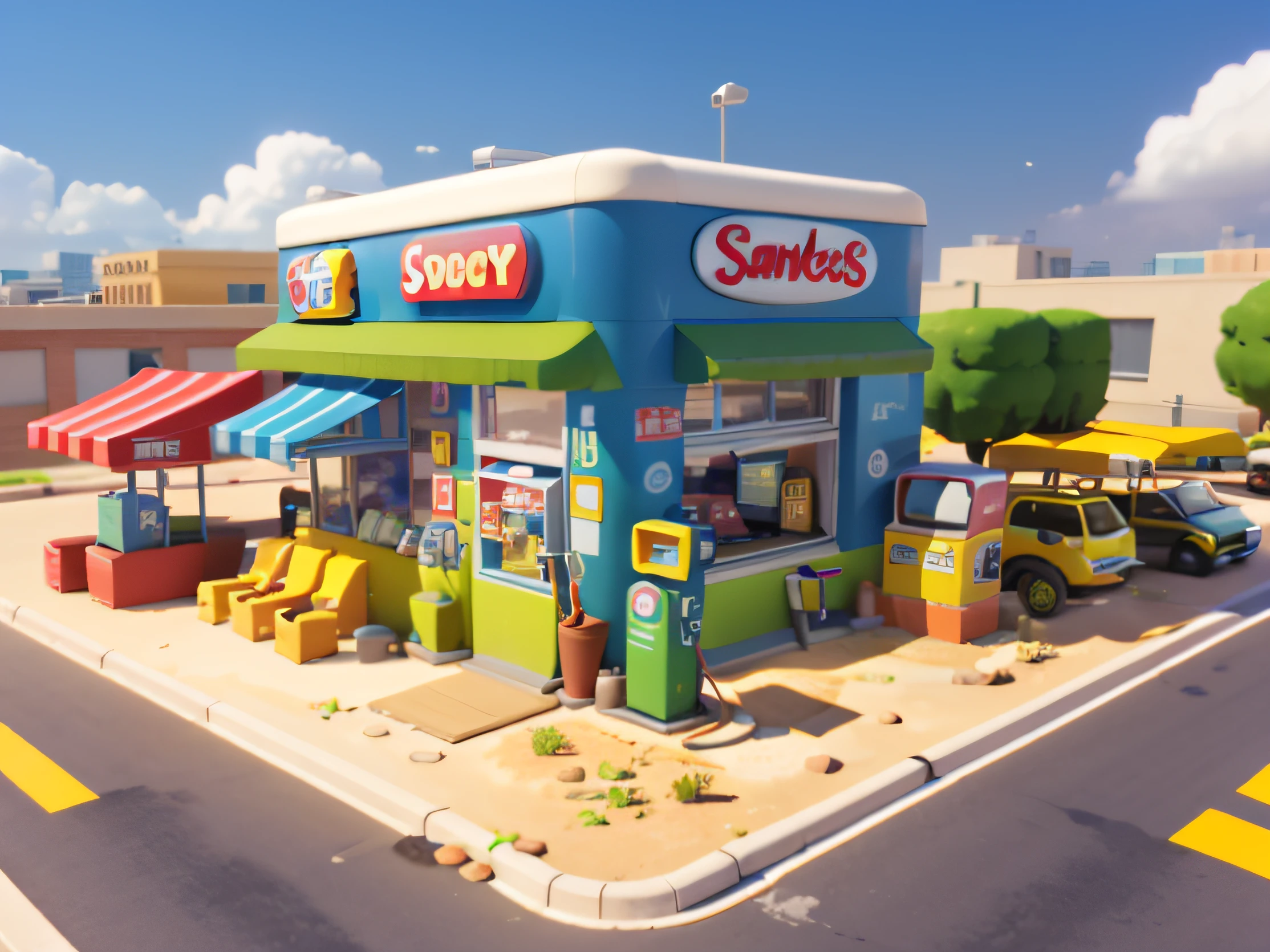 Masterpiece, best quality, cartoon, 3D, sandbox, car, gas station, plant