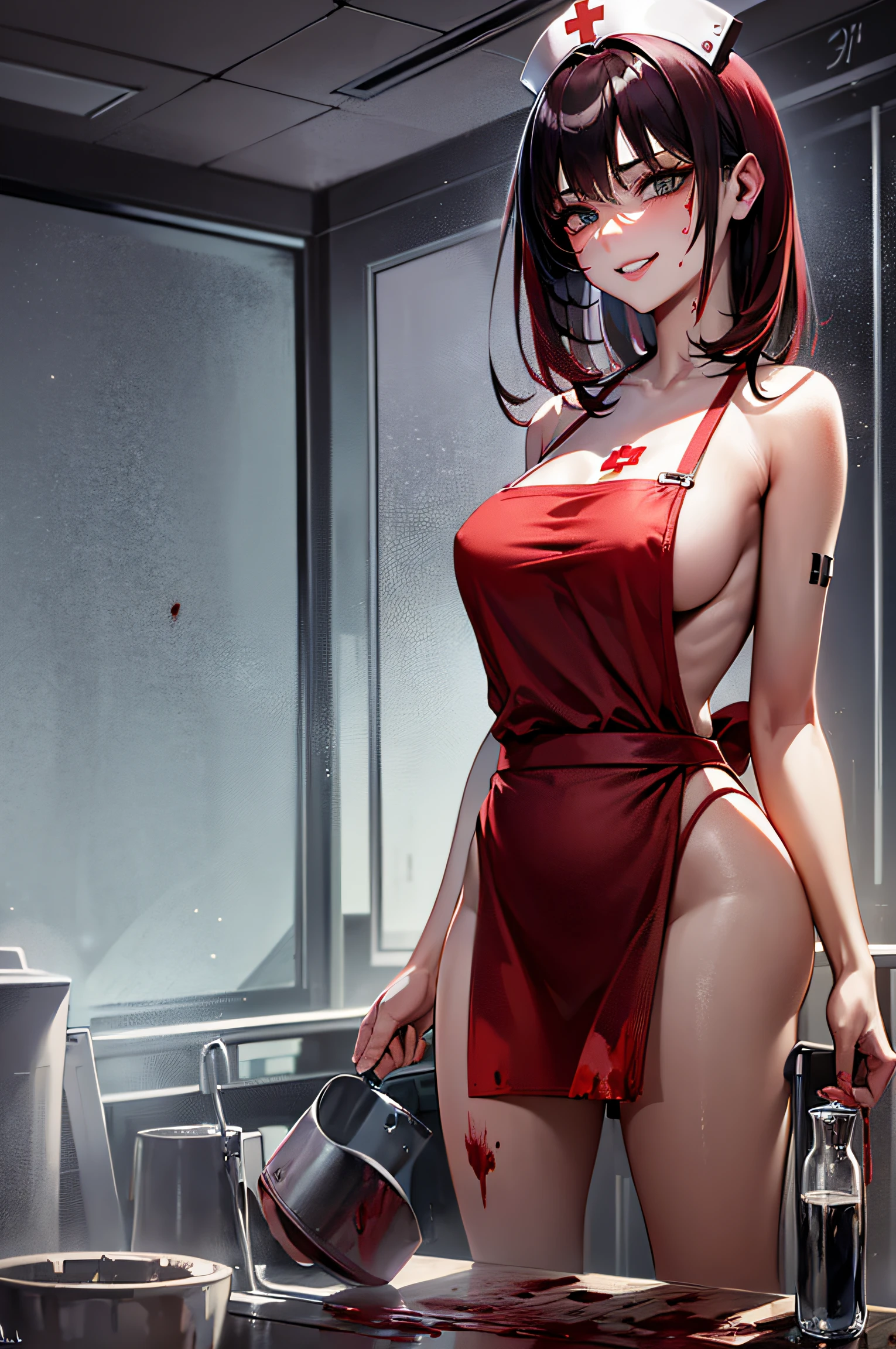 Movie scenes, (full-body close-up of a smiling vampire Milla Jovovich, with long straight red hair, dressed (modern white nurse's outfit, intricate Red Cross logo), (wearing a butcher's apron), (splattered with blood: 1.1), cut, red war makeup, inside a well-lit vampire kitchen), crosses, gallows, pipes, (large burners: 1.1) pipes, pentagrams, blood jugs, blood vials, intricate details, very detailed, volumetric lighting, 4k rendering, stock photos, surreal, realistic textures, dramatic lighting, depth of field