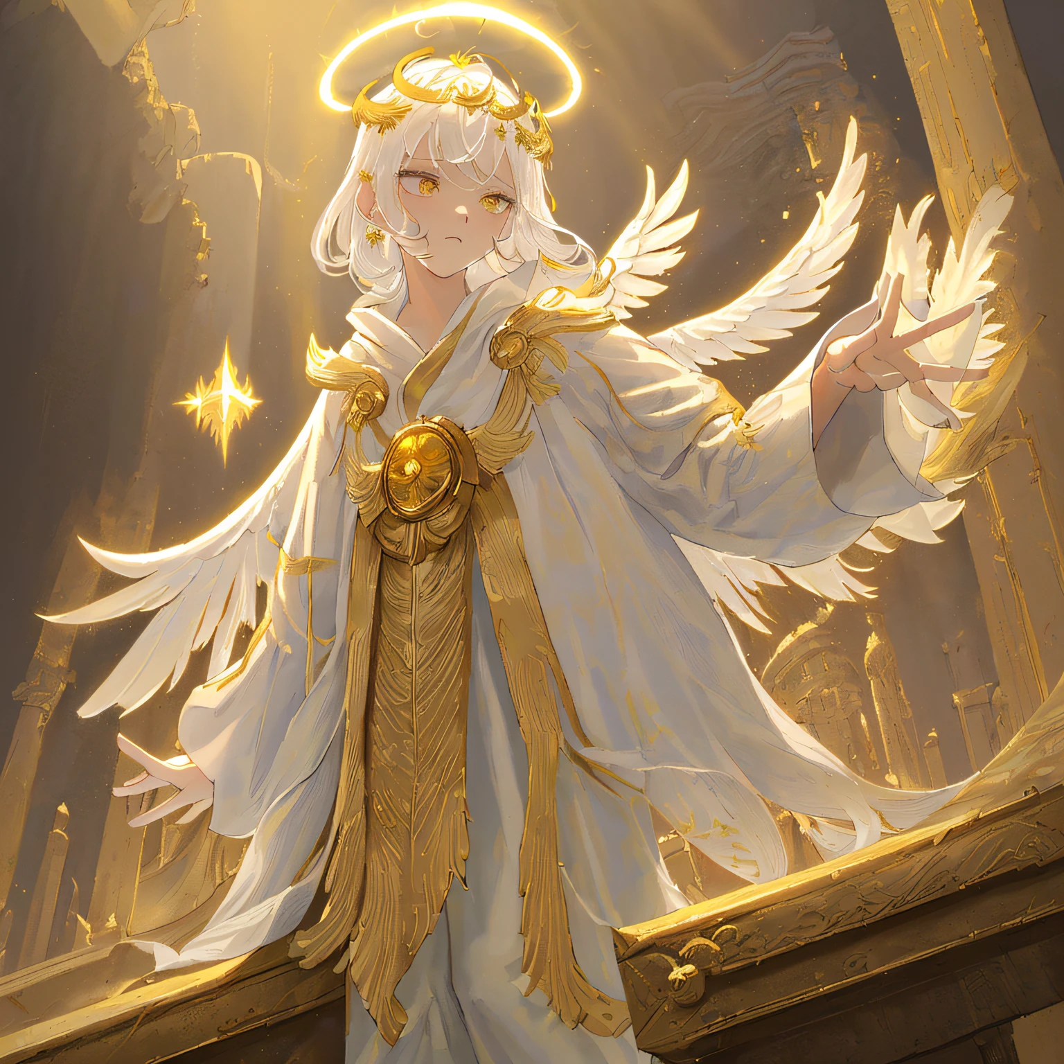 (Excellent, Masterpiece), (1girl, solo, gold robe, white pants, standing, looking ahead, halo of halo, golden wings, hands folded, white hair, yellow eyes, closed mouth, upper body), (clear sky, smoke, pillar of light, abandoned temple background)
