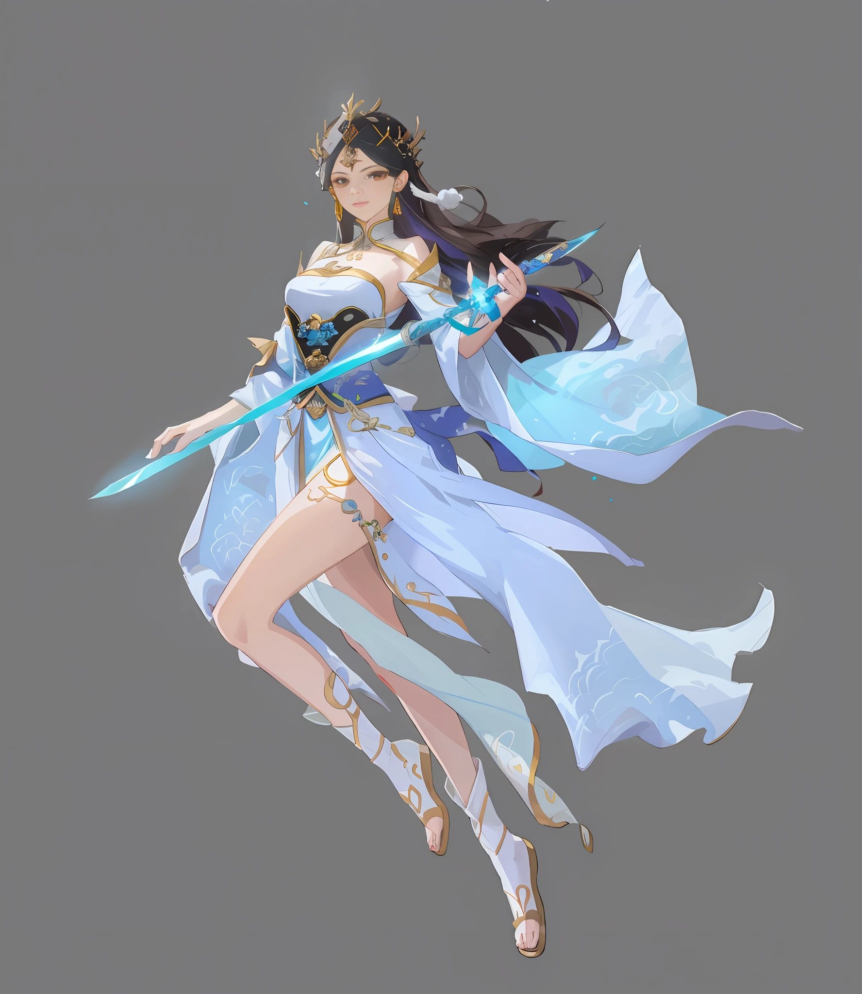 1girl, (full body)), best quality, painting, five fingers, ancient style, (normal fingers), (delicate facial features)), (detailed facial features)), standing, looking at the audience, close-up of a person in a sword costume, flowing white robe, cotton cloud mage robe, flowing hair and robe, cloud mage robe, moon theme costume, gorgeous flowing robe, beautiful celestial mage, cultivation of immortals, black hair, chinoiserie, game standing painting, game character, eyes looking at the camera, delicate eyes, Left hand holding sword, best quality, (antique style headdress: 1.4), blue dress woman holding sword, full body fairy,