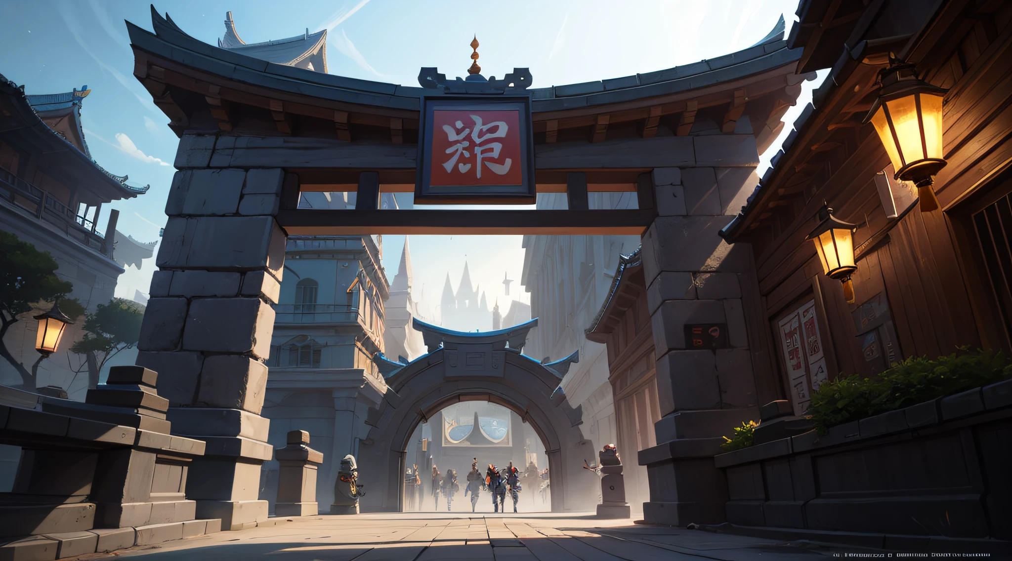 Ancient Chinese arch close-up, low building, night, dark tones, big perspective, looking up, super large wide angle, fist game concept art, rossdraws global lighting, ross tran. Landscape background, painting concept art, Ross Tran and Bayard Wu, painting as game concept art, League of Legends concept art, stylized concept art, Blizzard Hearthstone concept art, Overwatch sojourn, architectural details texture clear, perspective correct, ancient Chinese architecture
