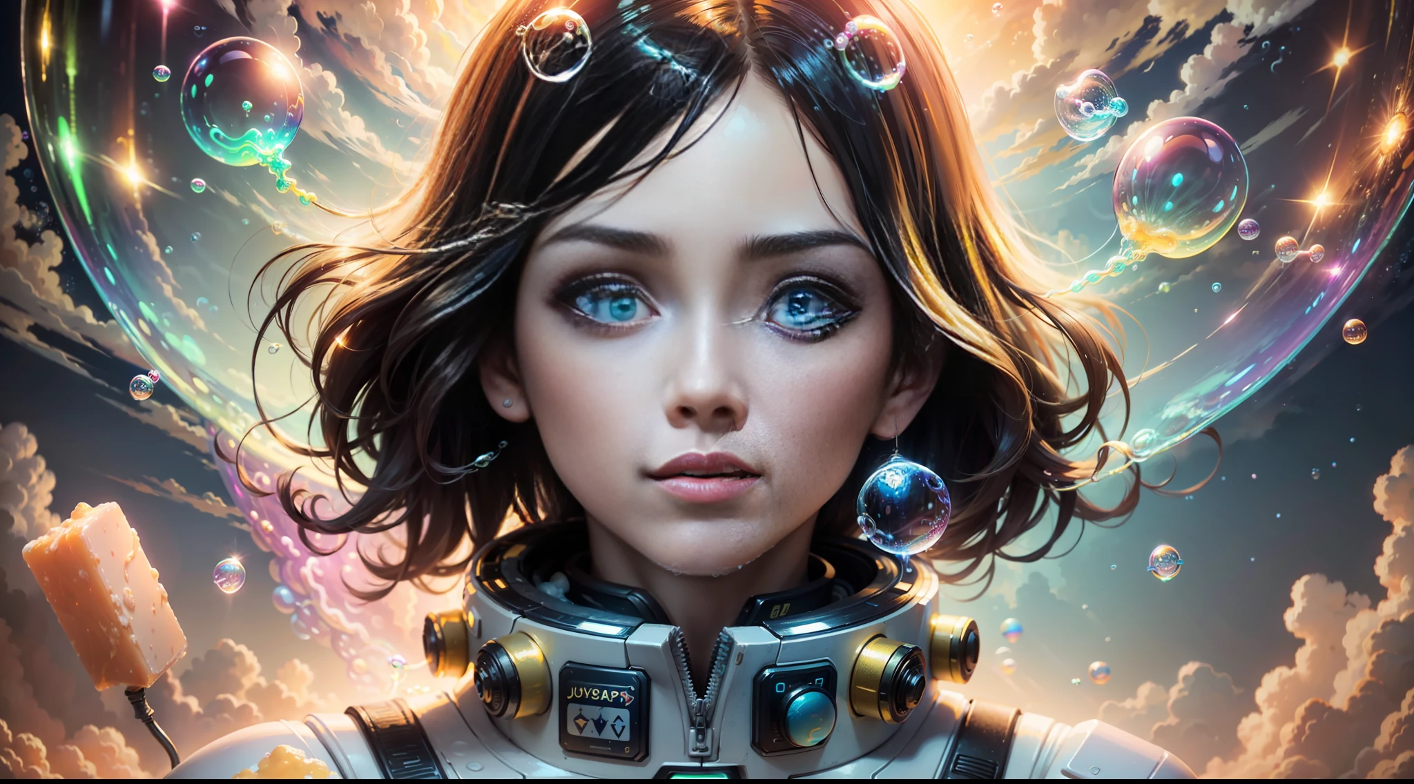 hd masterpiece, one standing woman space cadet looking at camera, detailed face, mid shot, golden suit, ((colorful clouds)) and (((neon soap bubbles))), jungles background