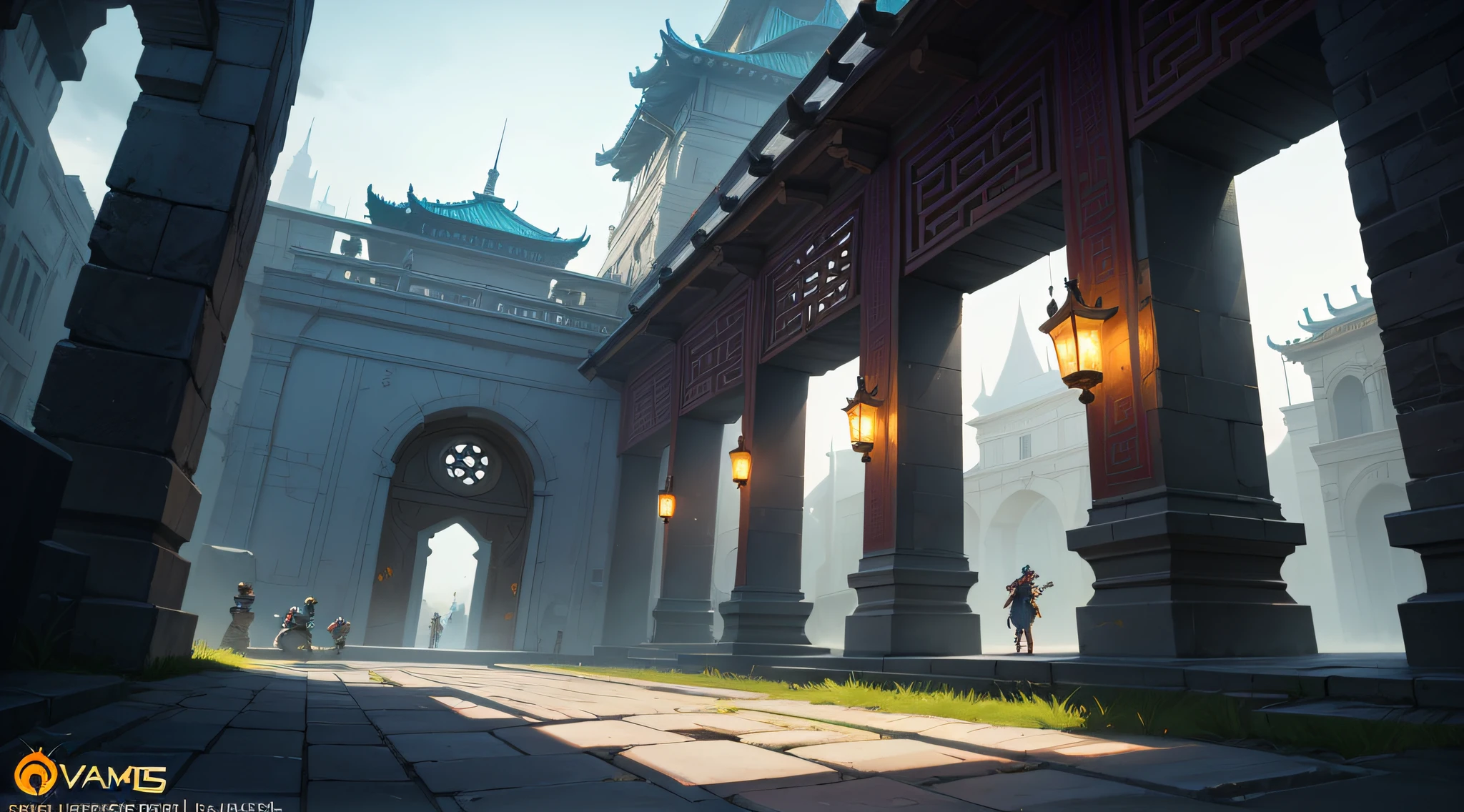 Ancient Chinese arch close-up, low building, night, dark tones, big perspective, looking up, super large wide angle, fist game concept art, rossdraws global lighting, ross tran. Landscape background, painting concept art, Ross Tran and Bayard Wu, painting as game concept art, League of Legends concept art, stylized concept art, Blizzard Hearthstone concept art, Overwatch sojourn, architectural details texture clear, perspective correct, ancient Chinese architecture