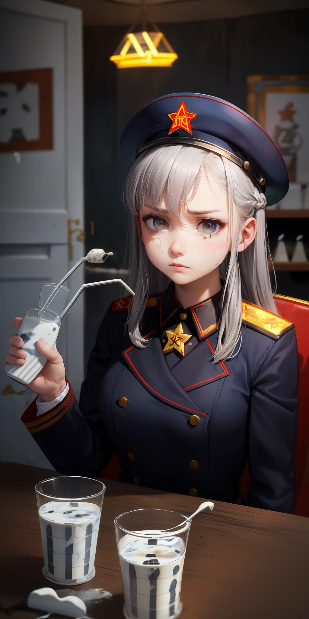 Maiden, long gray hair, gray eyes, Soviet KGB uniform, ( 
  ( ( (Soviet KGB uniform) ) ), poor milk, ( ( ( ( ( poor milk) ) ), Soviet Union, (((Soviet Union)))