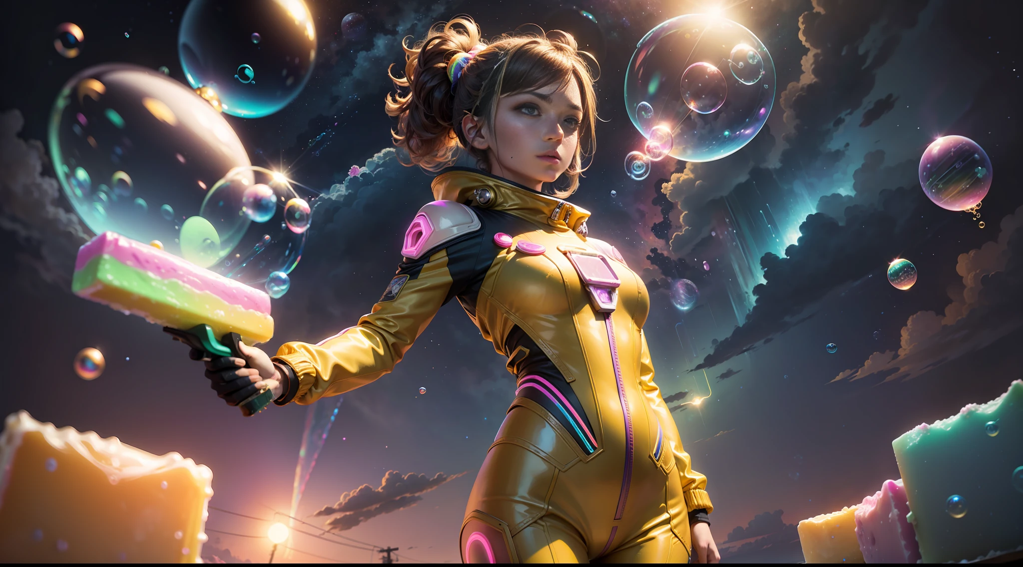 hd masterpiece, one standing woman space cadet looking at camera, detailed face, mid shot, golden suit, ((colorful clouds)) and (((neon soap bubbles))), jungles background