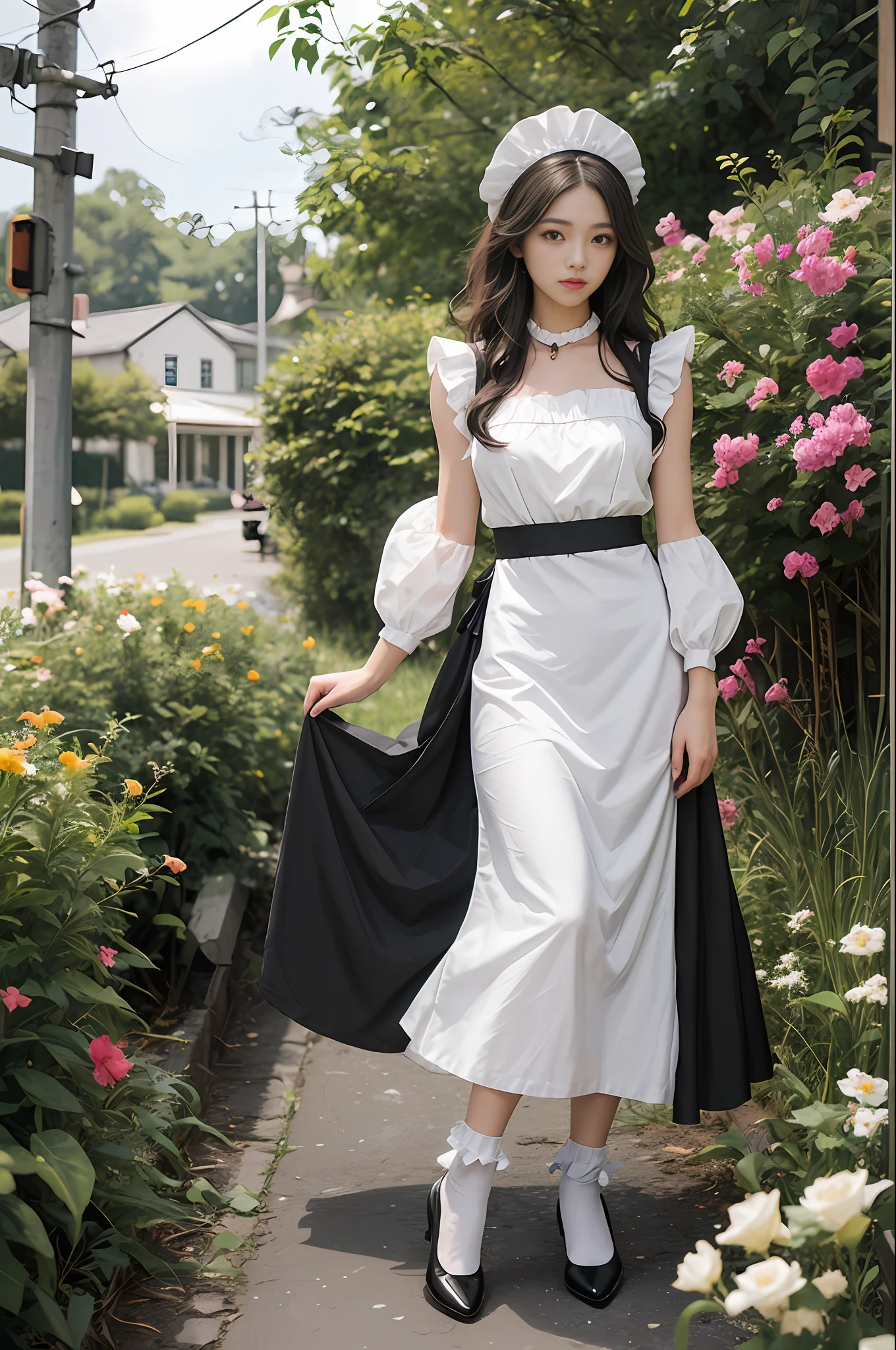 Top quality, masterpiece, ultra high resolution, (photorealistic: 1.4), raw photo, 1 girl, British maid, ruffled maid headband, blouse, black apron dress, long skirt, puff sleeves, white silk socks, black strap shoes, flower garden, glowing skin, standing figure