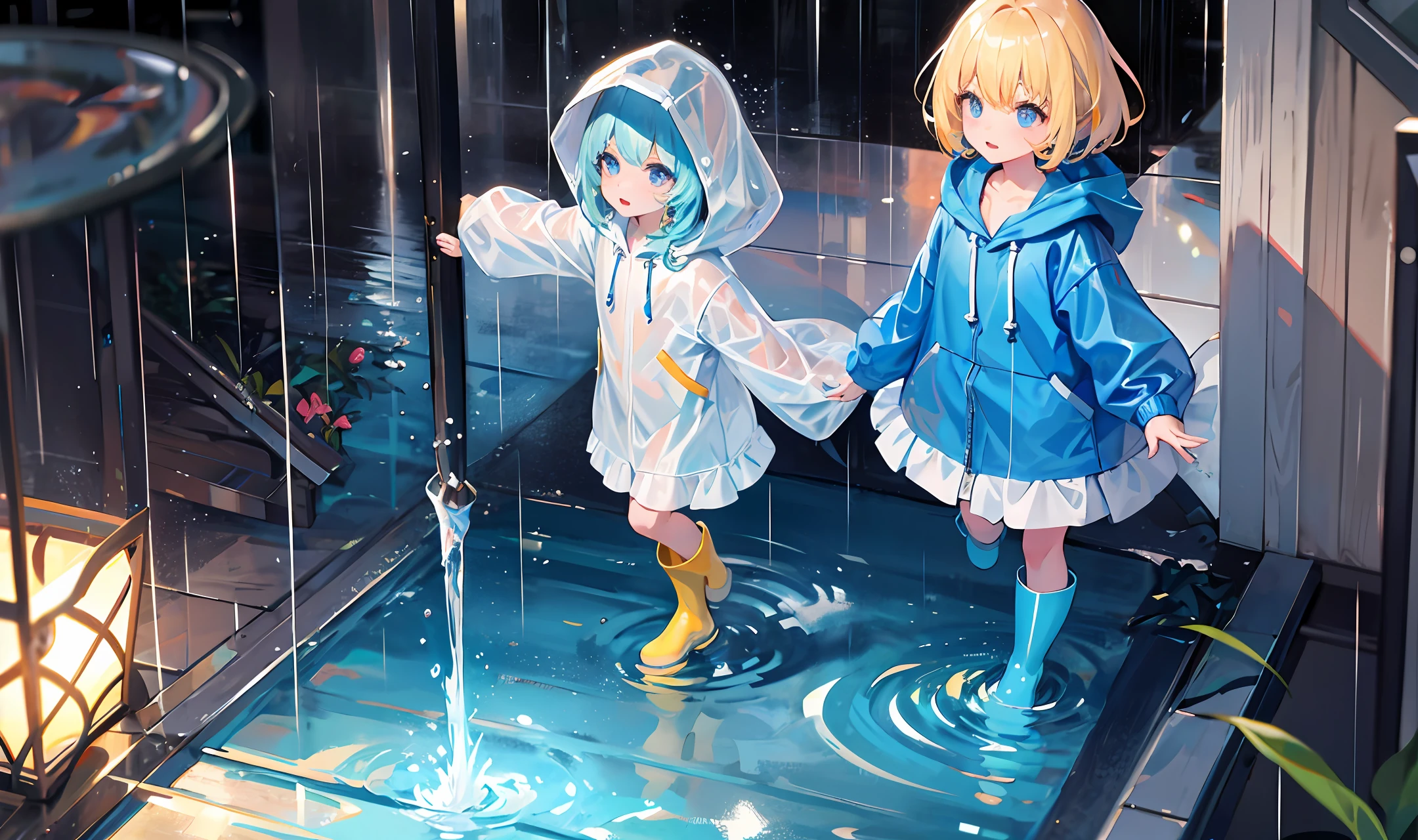 Rain, raincoat rain boots, treading water, translucent blue raincoat,