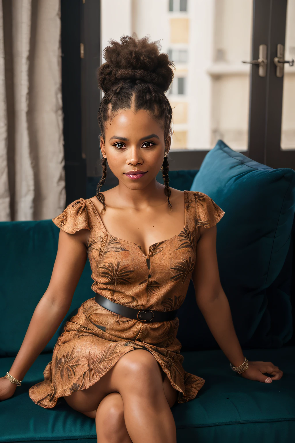 Photo of beautiful Malagasy woman from madagascar, hair in braid, photorealistic zazie, afro bun, absurdres, little dress, on the sofa, cinematic light