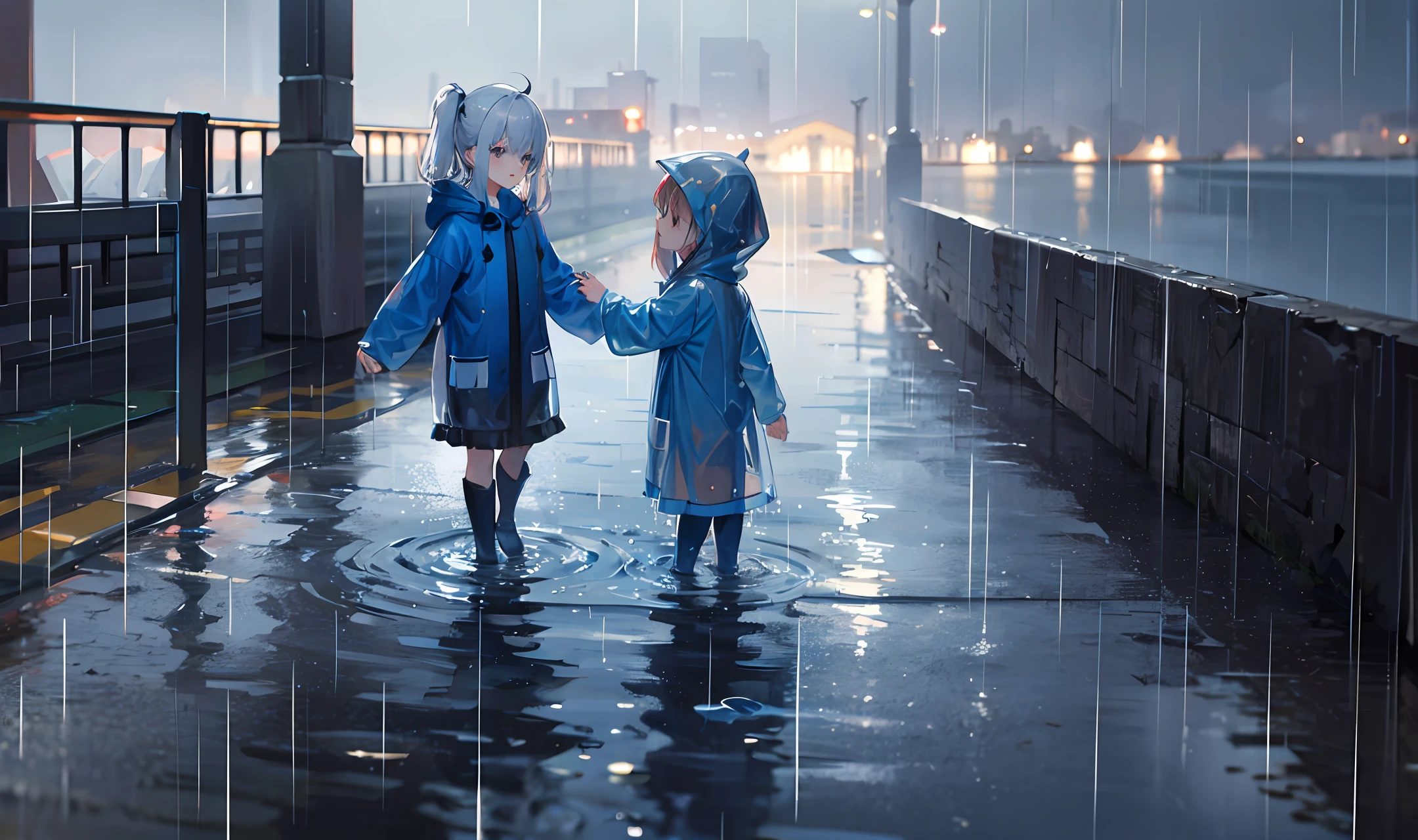 Rain, raincoat rain boots, treading water, translucent blue raincoat, little girl