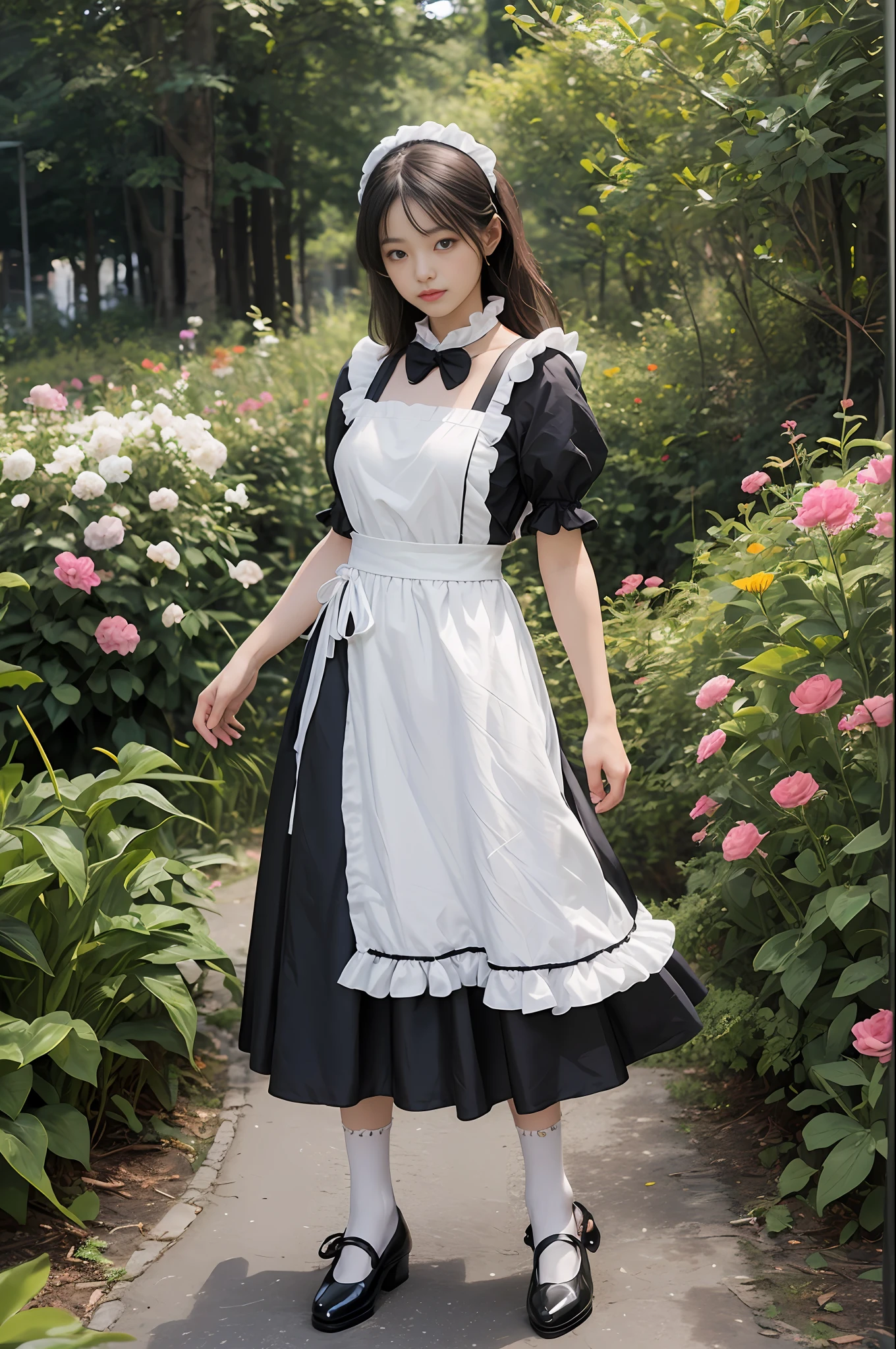 Top quality, masterpiece, ultra high resolution, (photorealistic: 1.4), raw photo, 1 girl, British maid, ruffled maid headband, blouse, black apron dress, long skirt, puff sleeves, white silk socks, black strap shoes, flower garden, glowing skin, standing figure