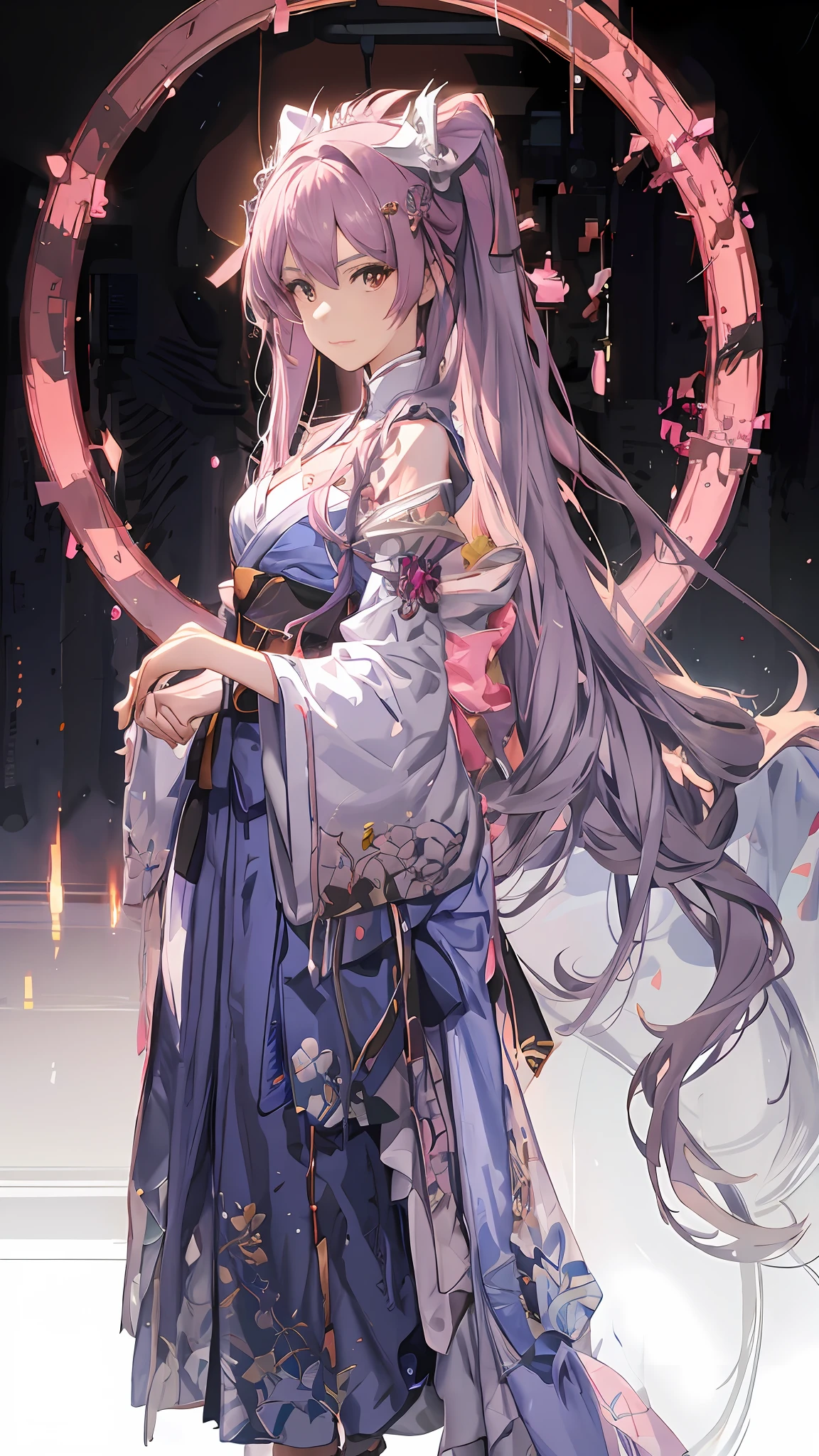 anime girl in a blue dress with a pink circle, from arknights, cute anime waifu in a nice dress, anime girl with long hair, beautiful anime art, beautiful anime artwork, guweiz, anime goddess, beautiful fantasy anime, flowing hair and long robes, anime art wallpaper 8 k, artwork in the style of guweiz, anime art wallpaper 4 k