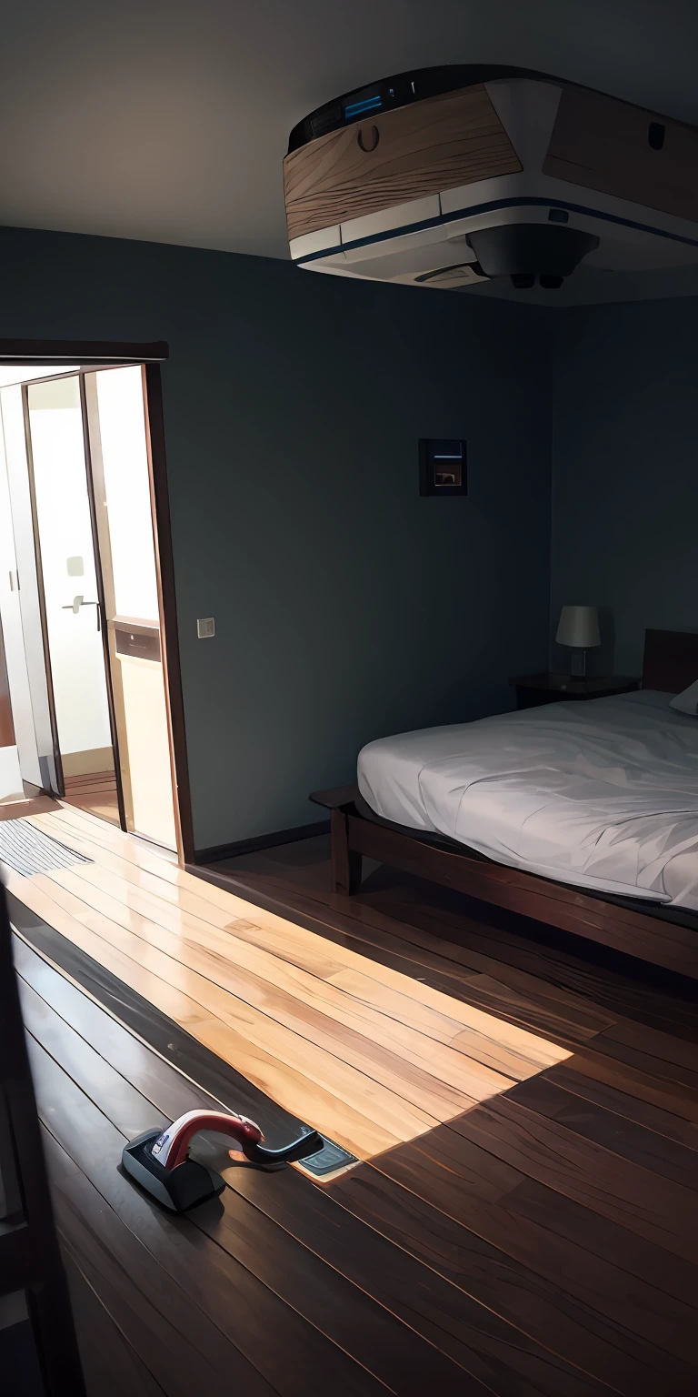 1 robot vacuum cleaner, in the bedroom, wooden floor, overhead angle shooting, close-up, Japanese anime style, very dark in the room