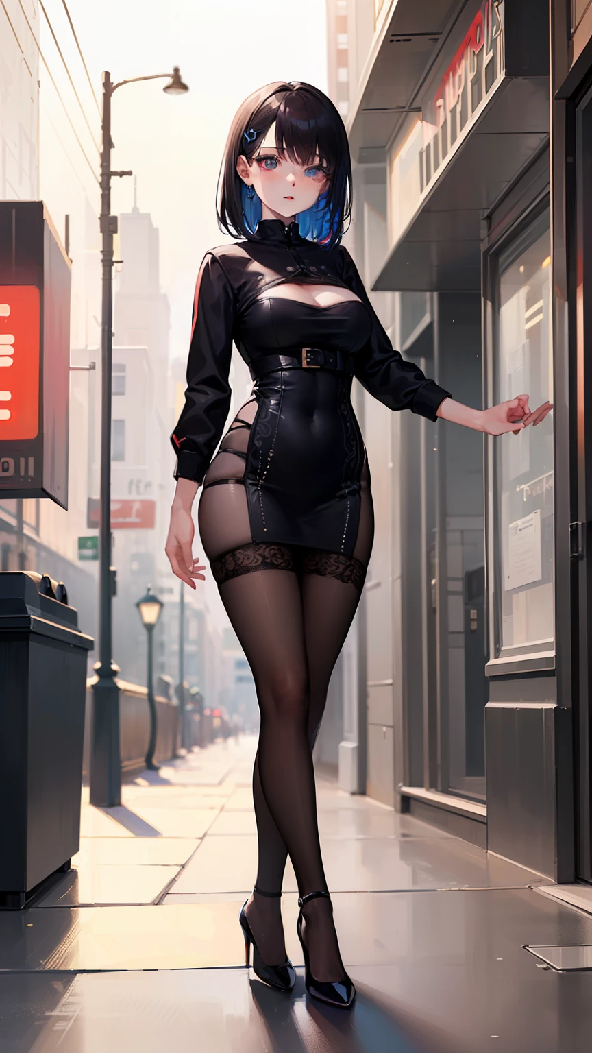 (masterpiece,best quality,ultra-detailed:1.6),illustration, (solo,1girl,beautiful detailed eyes:1.2), city,street,full body,black bodystocking,high heels,