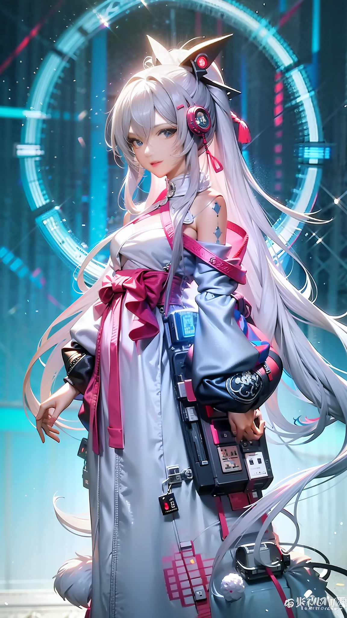 anime girl with long white hair and a blue dress, digital cyberpunk anime art, digital cyberpunk - anime art, rococo cyberpunk, detailed digital anime art, beautiful digital artwork, anime fantasy illustration, digital anime art, white haired deity, digital art on pixiv, digital anime illustration, advanced digital anime art, anime styled digital art, guweiz on pixiv artstation