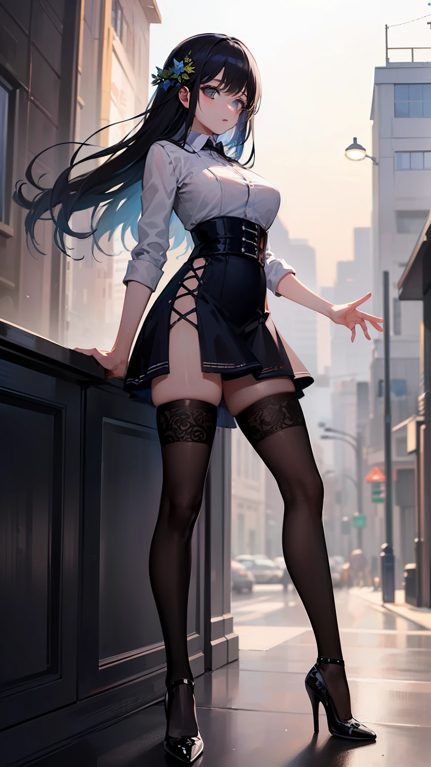 (masterpiece,best quality,ultra-detailed:1.6),illustration, (solo,1girl,beautiful detailed eyes:1.2), city,street,full body,black bodystocking,high heels,