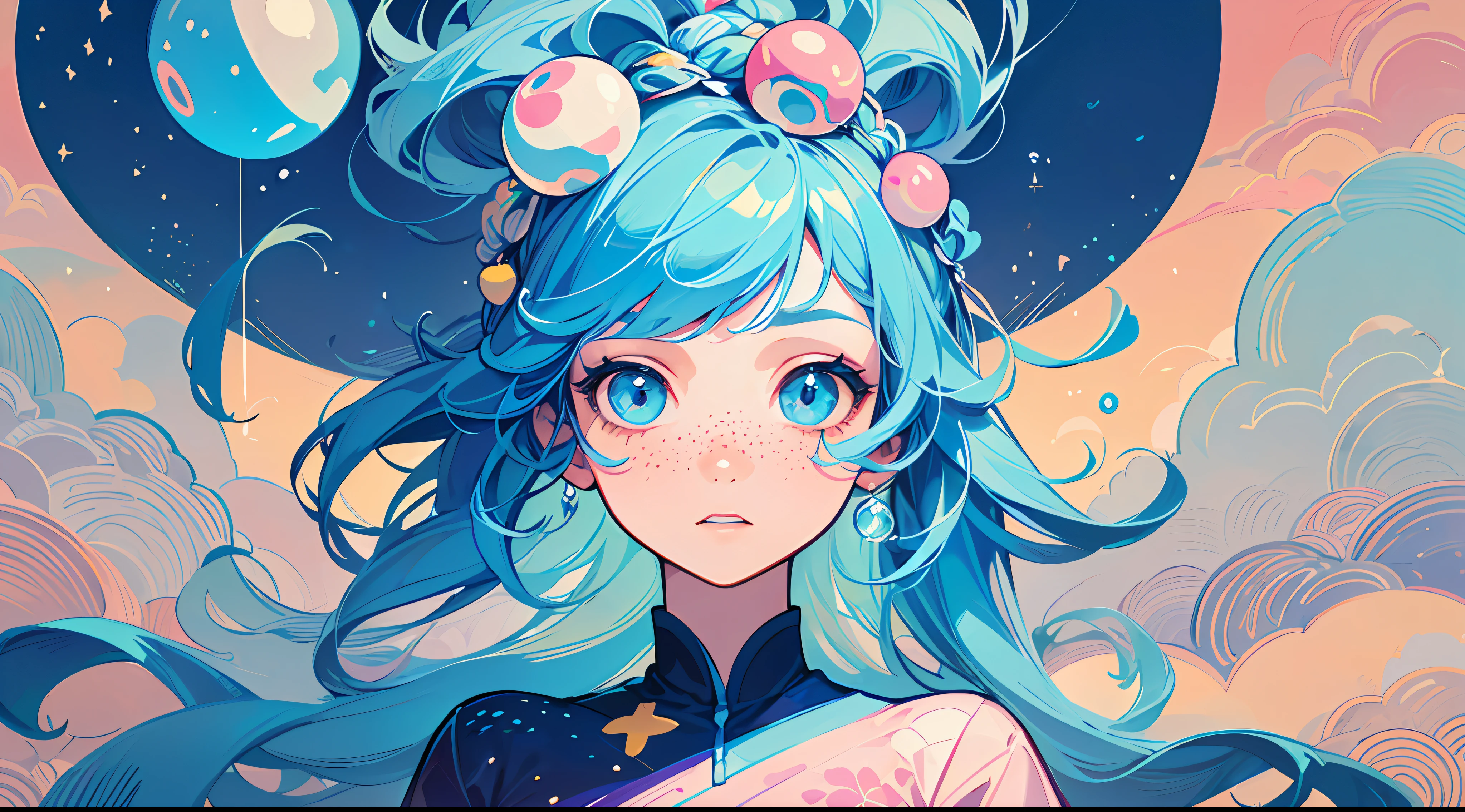 ((Masterpiece)), ((Ultra Detailed)), ((Best Quality)), Beautiful Detailed Eyes, Detailed Face, Best Lighting, Best Shadows, 1 Girl, Solo, ((Classic Disney Style, Edge Lighting, Flat 2D Style, Disney 2D)), ((The main colors are pink and blue)), Huge Bubbles, (Girl Inside Bubbles:1.5), Bubble Island, Bubble Land, World Made of Bubbles, Freckles, Cold Nose, (((Bubbles)), Marbles, European and American cartoon inspiration, (highly detailed), vortex effect,