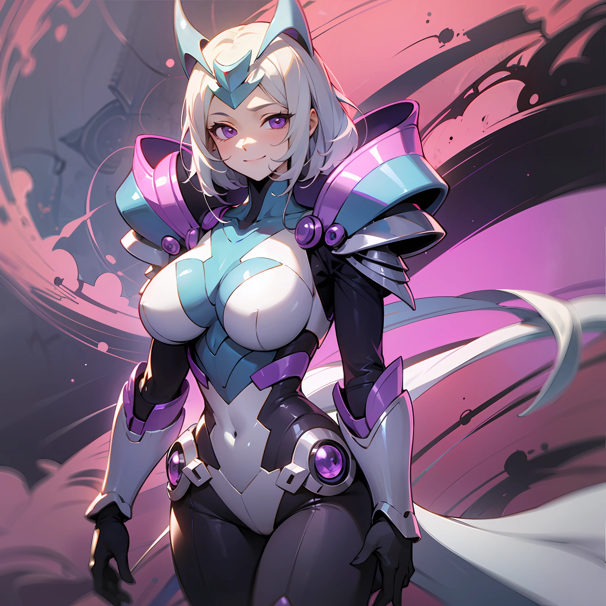 Cartoon photo of woman in white and purple costume, hot insect woman, guyver style, bad smile, scaraber reploid, bellows tail, cel shade adult animation, alien queen,