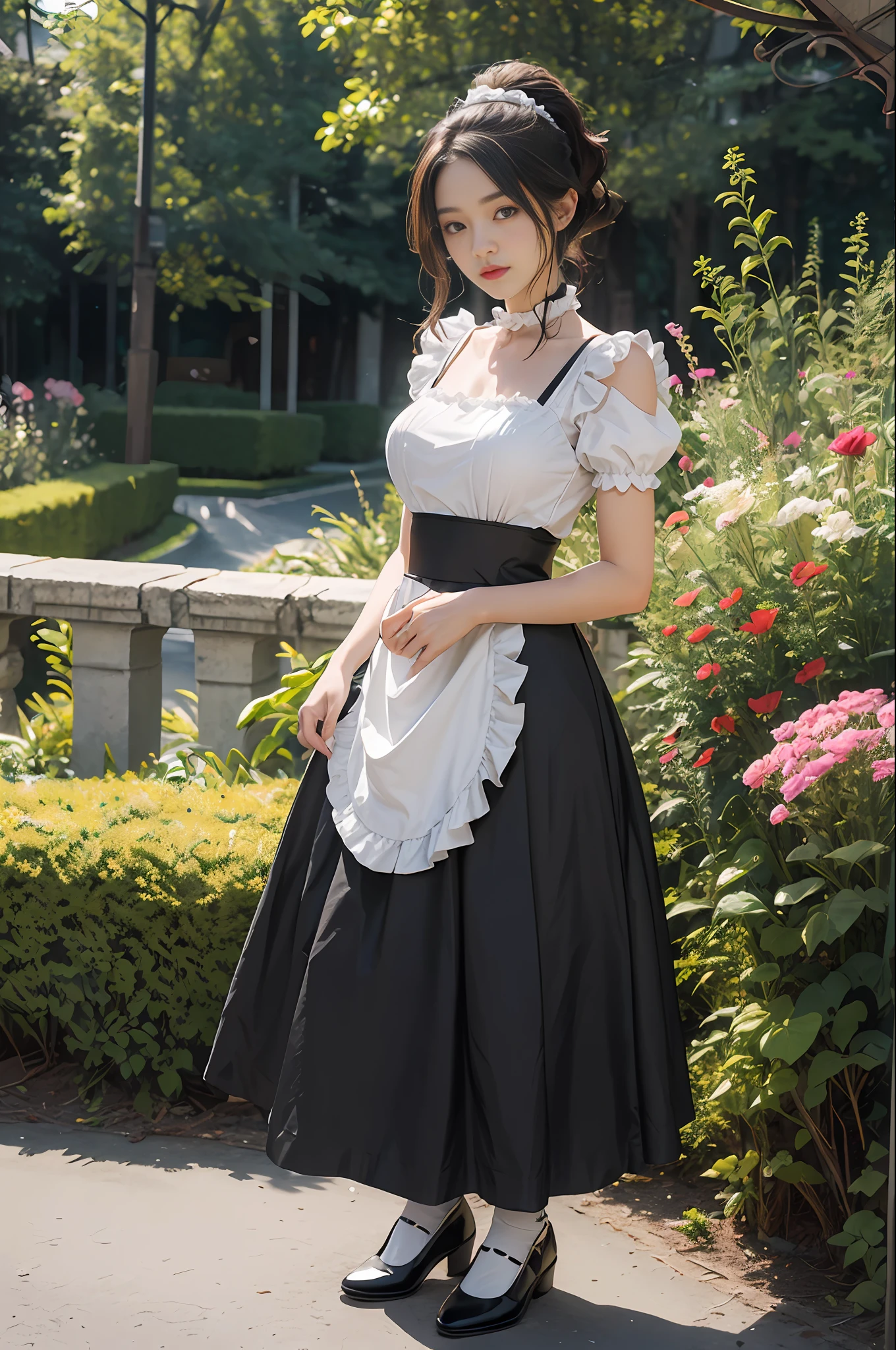 Top quality, masterpiece, ultra high resolution, (photorealistic: 1.4), raw photo, 1 girl, British maid, ruffled maid headband, ponytail, blouse, black apron dress, long skirt, puff sleeves, white silk socks, black strap shoes, flower garden, radiant skin, polite standing figure