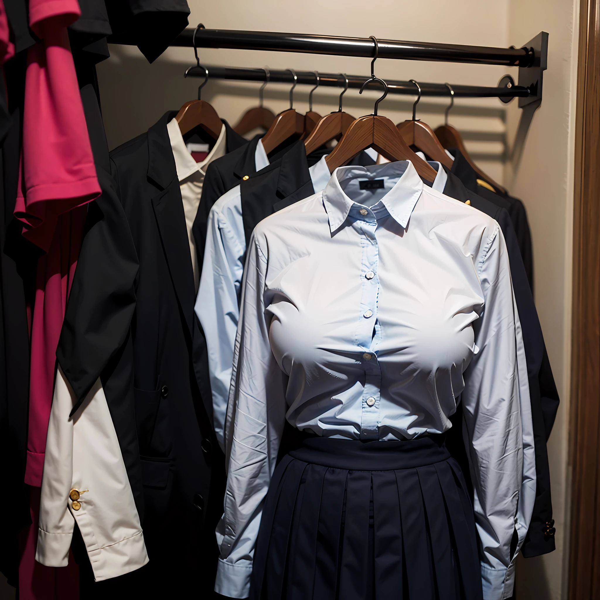 (insanely detailed), (16k), ((no humans)), ((invisible)), ((faceless)), ((headless)), ((empty clothes)), (huge breasts), girls' school uniforms on hangers swells as if possessed by busty invisible girls, huge breasts, (in the closet), (school uniforms on hanger)