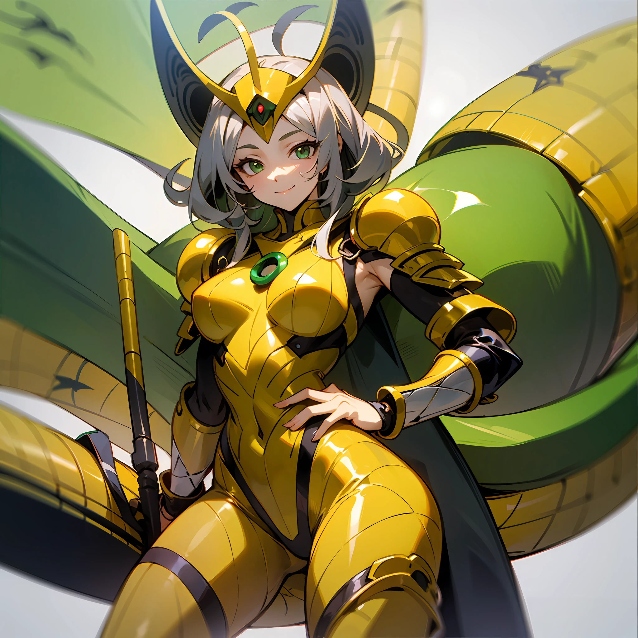 Cartoon photo of woman in green and yellow costume, hot insect woman in Guyver style, bad smile, scarabele ploid, bellows tail, cel shade adult animation, alien queen,