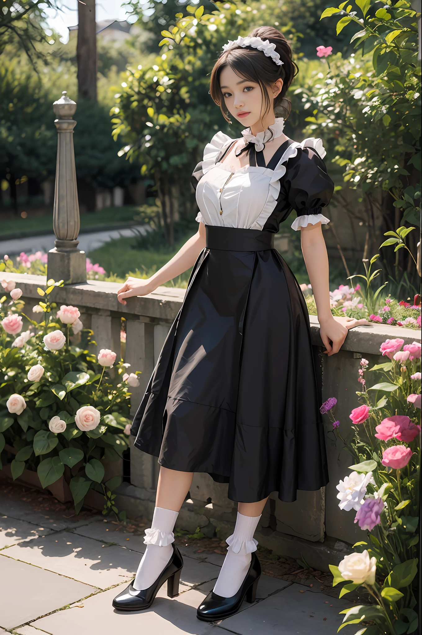 Top quality, masterpiece, ultra high resolution, (photorealistic: 1.4), raw photo, 1 girl, British maid, ruffled maid headband, ponytail, blouse, black apron dress, long skirt, puff sleeves, white silk socks, black strap shoes, flower garden, radiant skin, polite standing figure