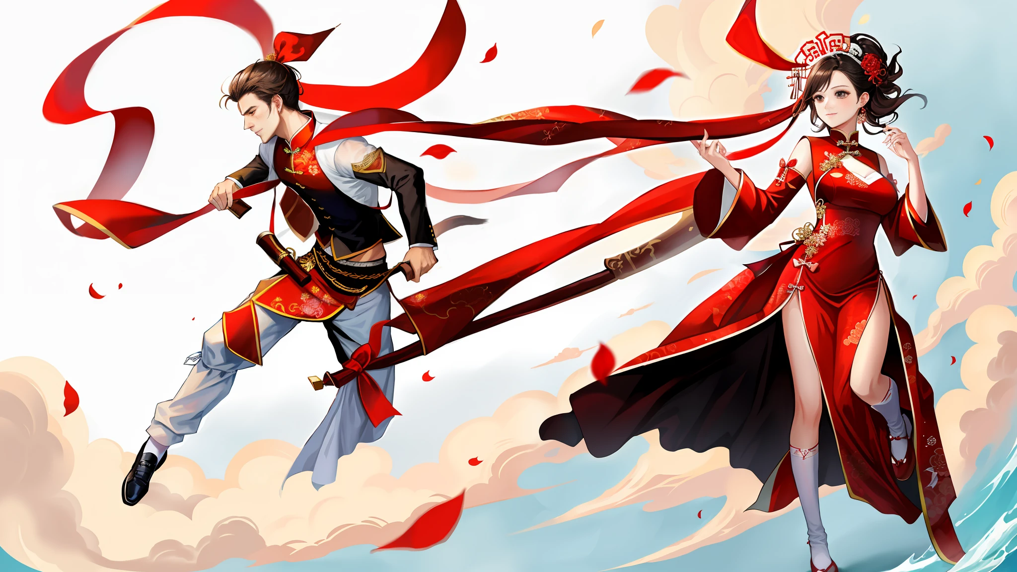 A woman in a traditional red Chinese wedding dress wrapped a red ribbon around a man wearing black and flew backwards