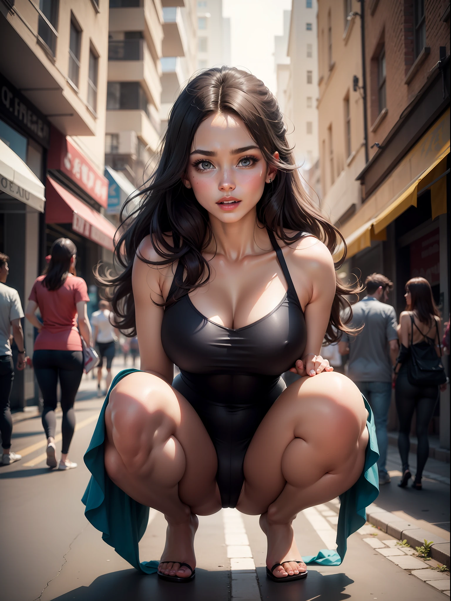 A vibrant street art scene in a bustling cityscape sets the backdrop for a whimsical portrait of a beautiful woman, captured in a dynamic crouching pose, ray trace, (brightening light:1.2), (Increase quality:1.4), (best quality real texture skin:1.4), finely detailed eyes, finely detailed face, finely quality eyes, (tired and sleepy and satisfied:0.0), beautiful clothes, (Increase body line mood:1.1), (Increase skin texture beauty:1.1) (full-body)