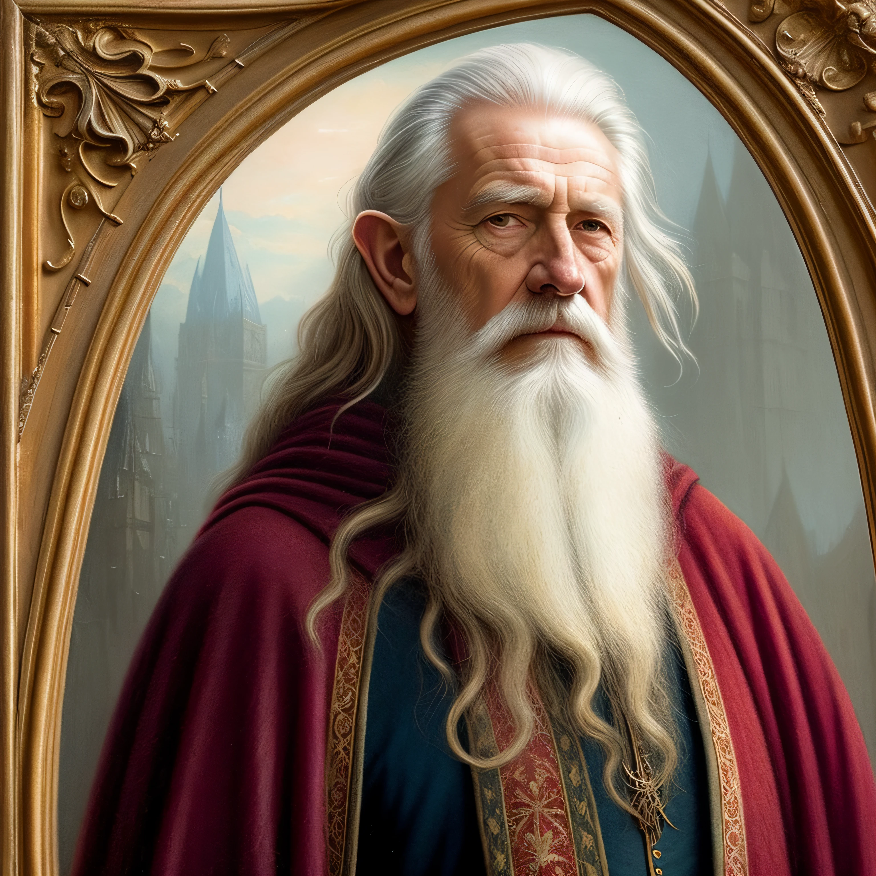 [A very old male wizard, Caucasian, weathered, wrinkled, long white beard, long white hair, red and scarlet and burgundy robes with gold embroidery, concept art, ultra realistic, oil painting:1.5, character concept design, full body, reference pose, character creation, full shot, wide field of view, centred, detailed clothing, hyperrealistic, artstation, by Greg Rutkowski, by Mark Zug, sharp focus], highly detailed Bodleian library, highly detailed archway, highly detailed room, intricate, Lord of the Rings, (muted natural colors:1.3), atmospheric, sunset, dark