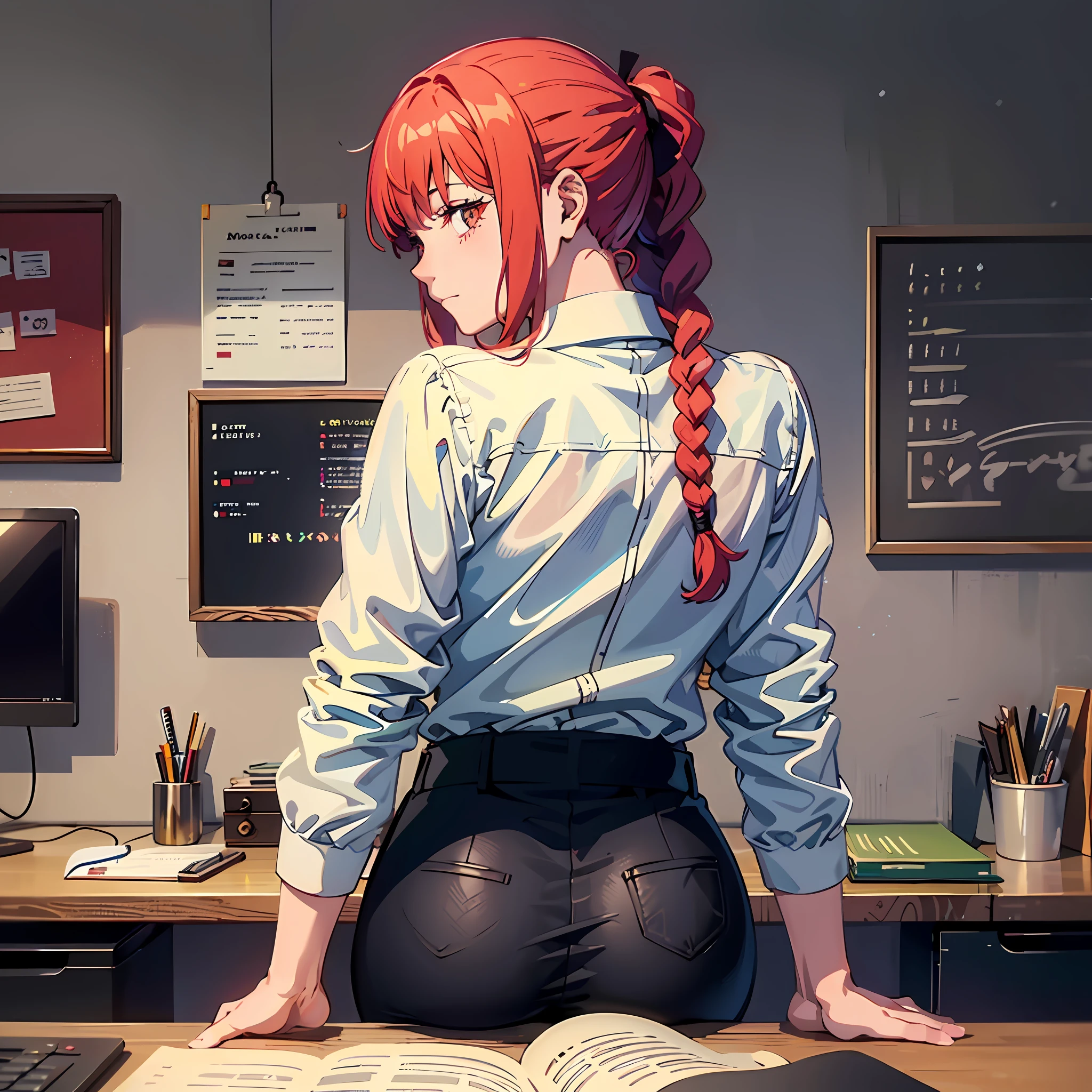 (masterpiece, best quality:1.2), from behind, solo, 1girl, makima, slight smile, closed mouth, looking back, braided ponytail, ringed eyes, white shirt, black pants, bent forward, hands on desk, bent on desk, pervert, ultra detailed, beautiful body, best quality, red hair, office pants, necktie, chainsaw man anime