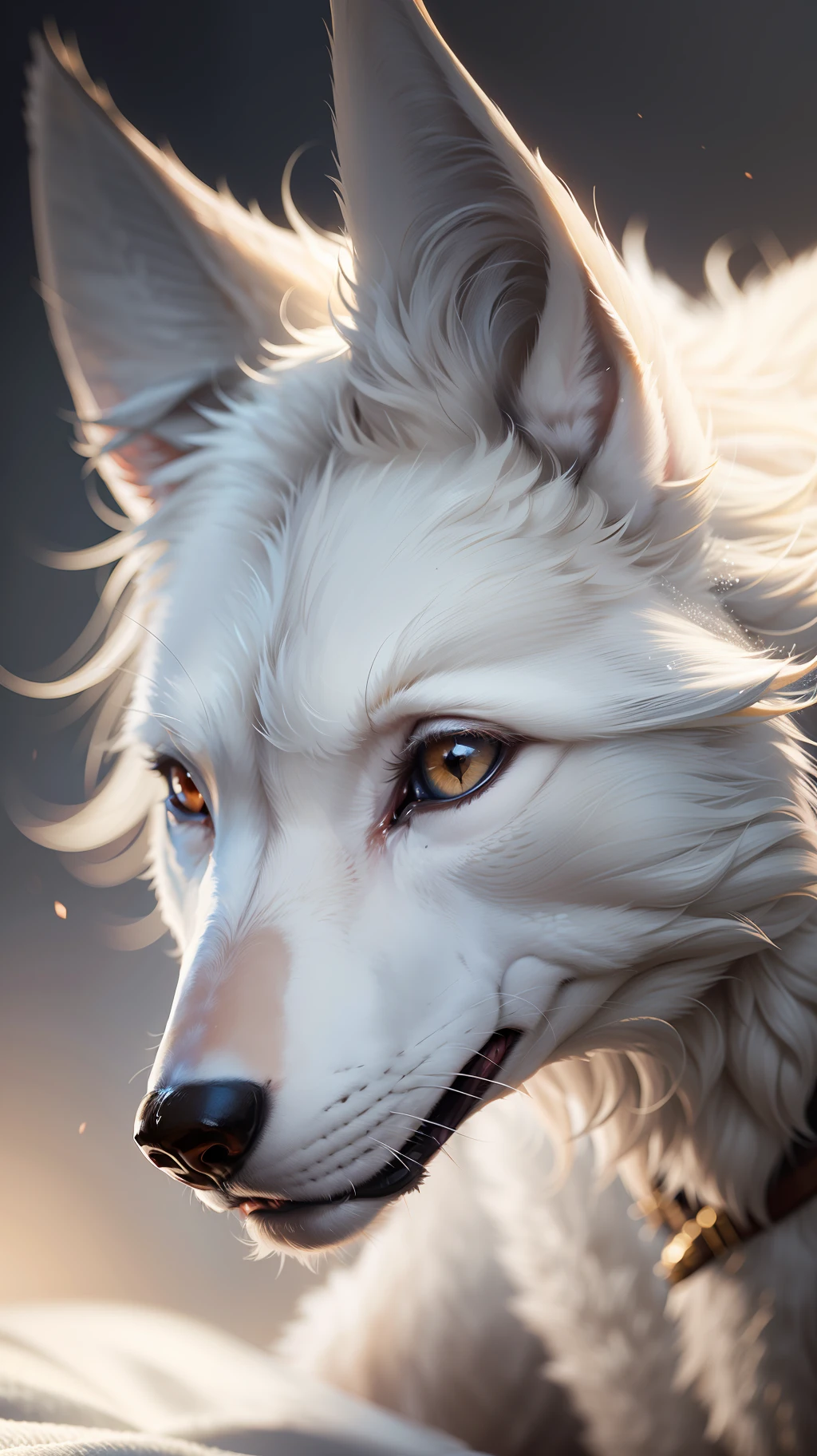 A white wolf, white wolf, realistic hair detail, close-up, 3d, hd wallpaper, 8k, bokeh --auto