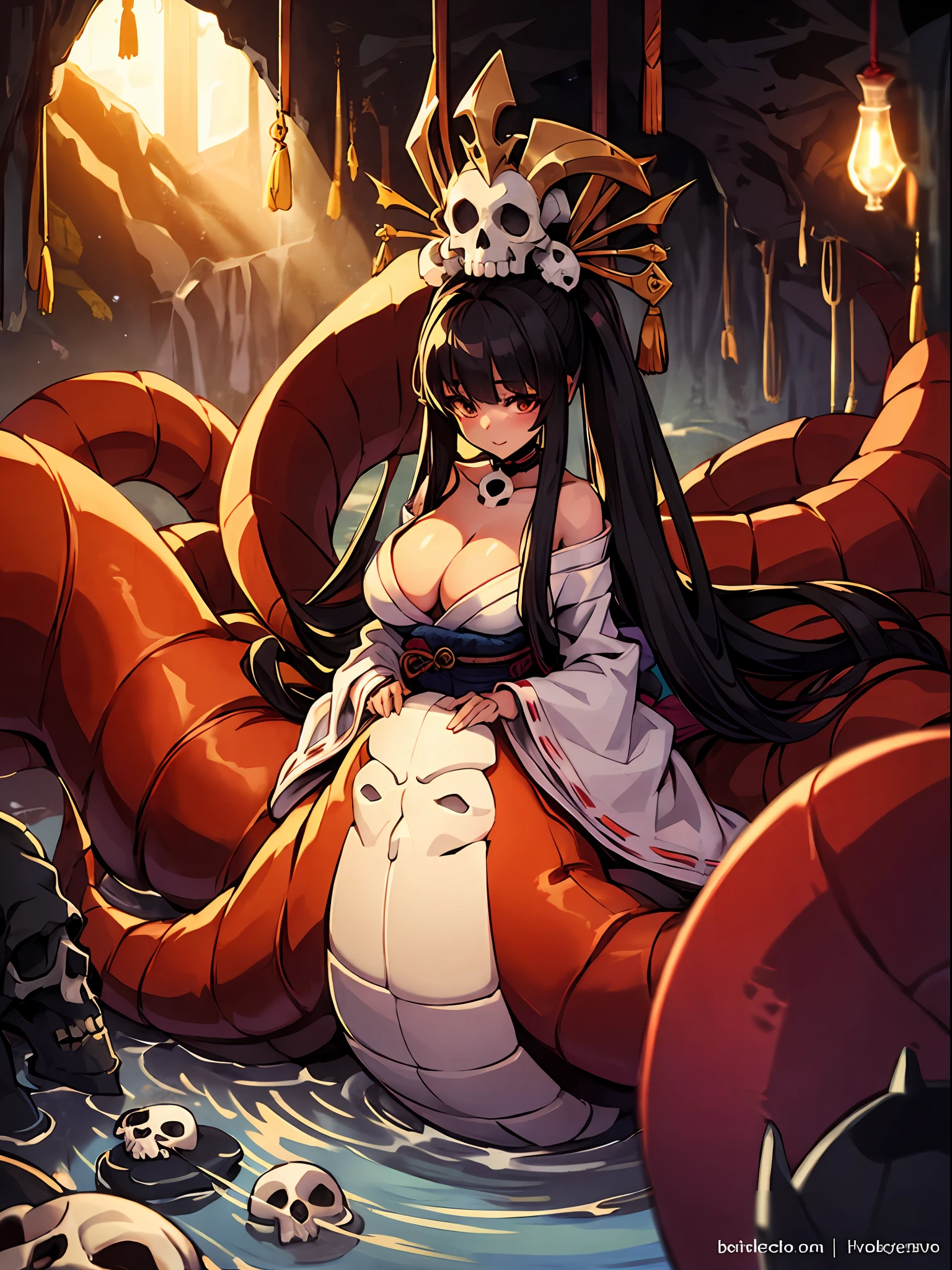 (Large centipede: 1.5),
master-piece, monster, solo, upper body bewitching beauty, lower body is a huge centipede, full body, kimono beauty, tattered Japanese clothes, black hair straight, bangs, crimson lipstick, sink eyes, skull pattern on centipede back, background is Japan cave, limestone cave, candlestick, golden rays from the ceiling, skull, sexy, sensual, indulgence, erotic, high image quality, high definition, accurate drawing, detailed drawing,