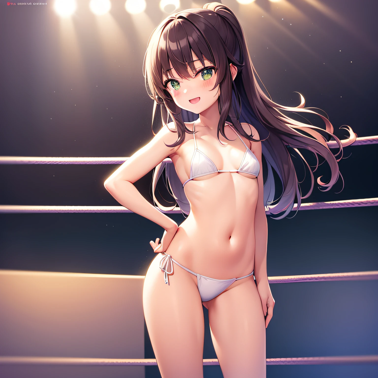 Best image quality, very delicate and beautiful, Japan person, small, bluish-green eyes, girl, , (alone), ((red bean hair)), long hair, two knots, white micro bikini, (lower body is white micro bikini), bangs, professional wrestling, audience seats, large number of spectators, crowd view, standing, hands behind hips, fighting, smile, professional wrestling shoes