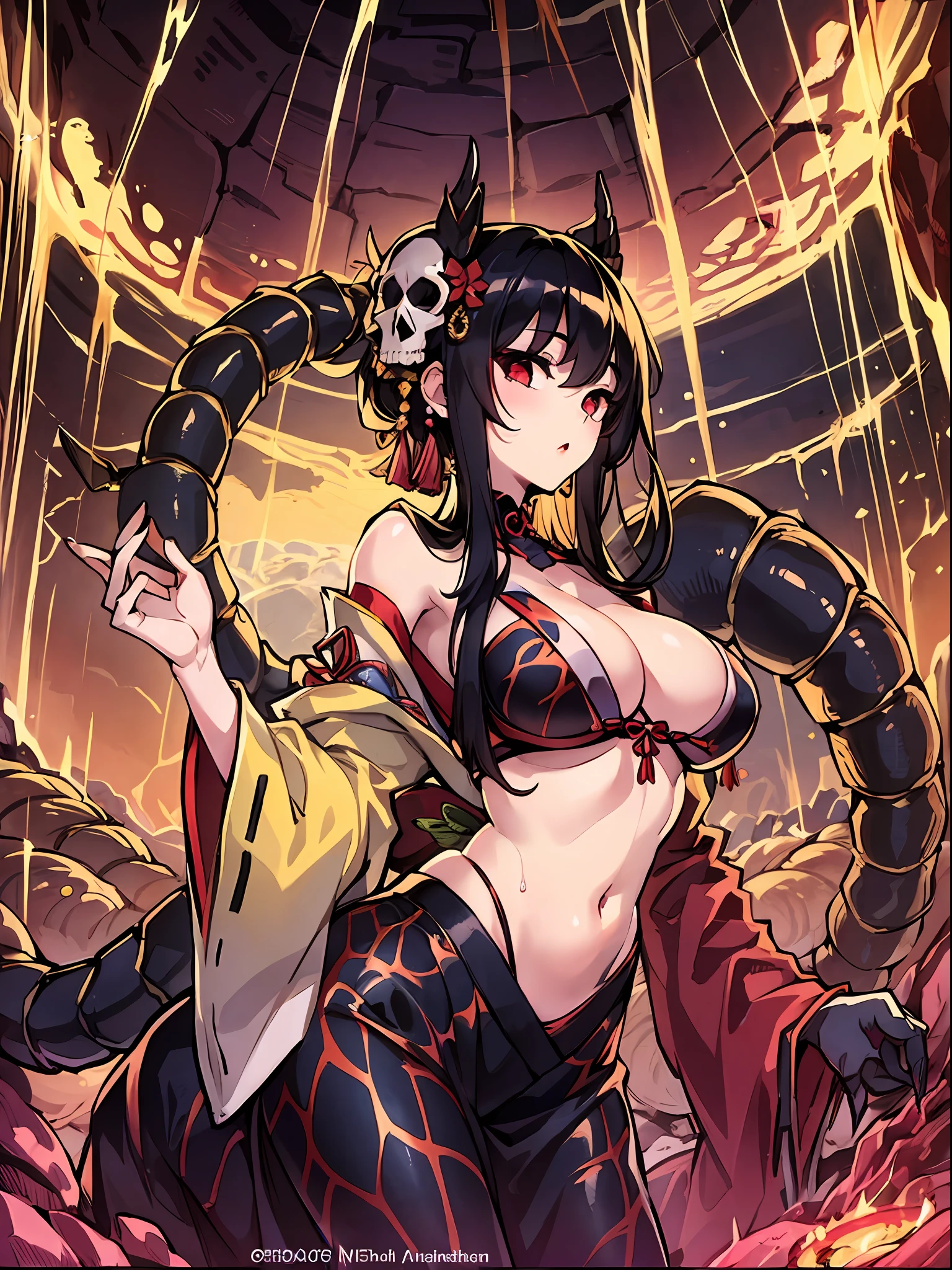 (Large centipede: 1.5), (Arachne: 0.5),
Master-piece, monster, solo, upper body bewitching beauty, lower body is a huge centipede, whole body, kimono beauty, tattered kimono, black hair straight, bangs, crimson lipstick, sink eyes, background is Japan cave, limestone cave, candlestick, golden rays from the ceiling, skull, sexy, sensual, indulgent, erotic, high image quality, high definition, accurate drawing, detailed drawing,