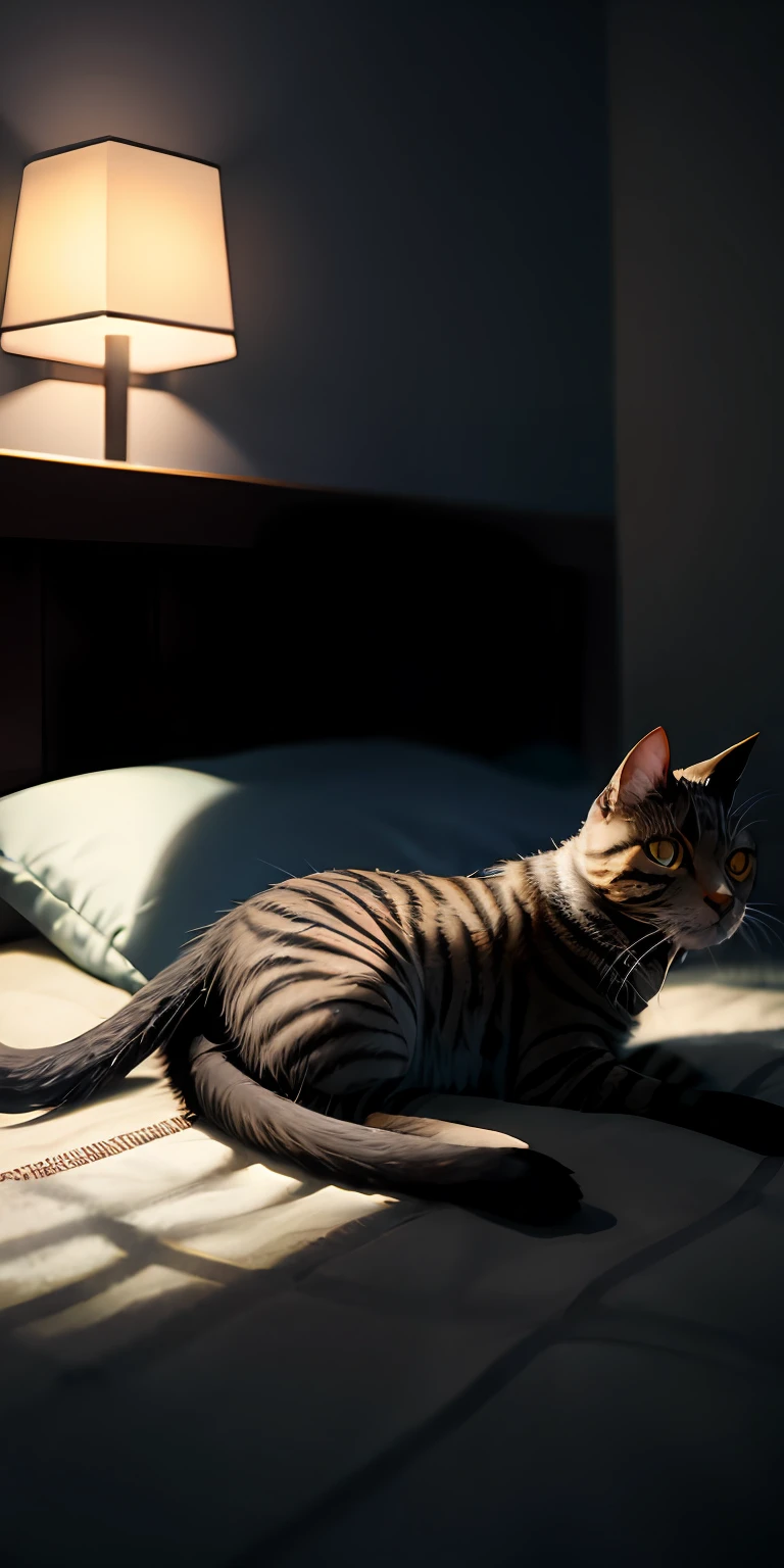 1 cat, by the bed, in the bedroom, overhead shooting, close-up, Japanese anime style, very dark in the room