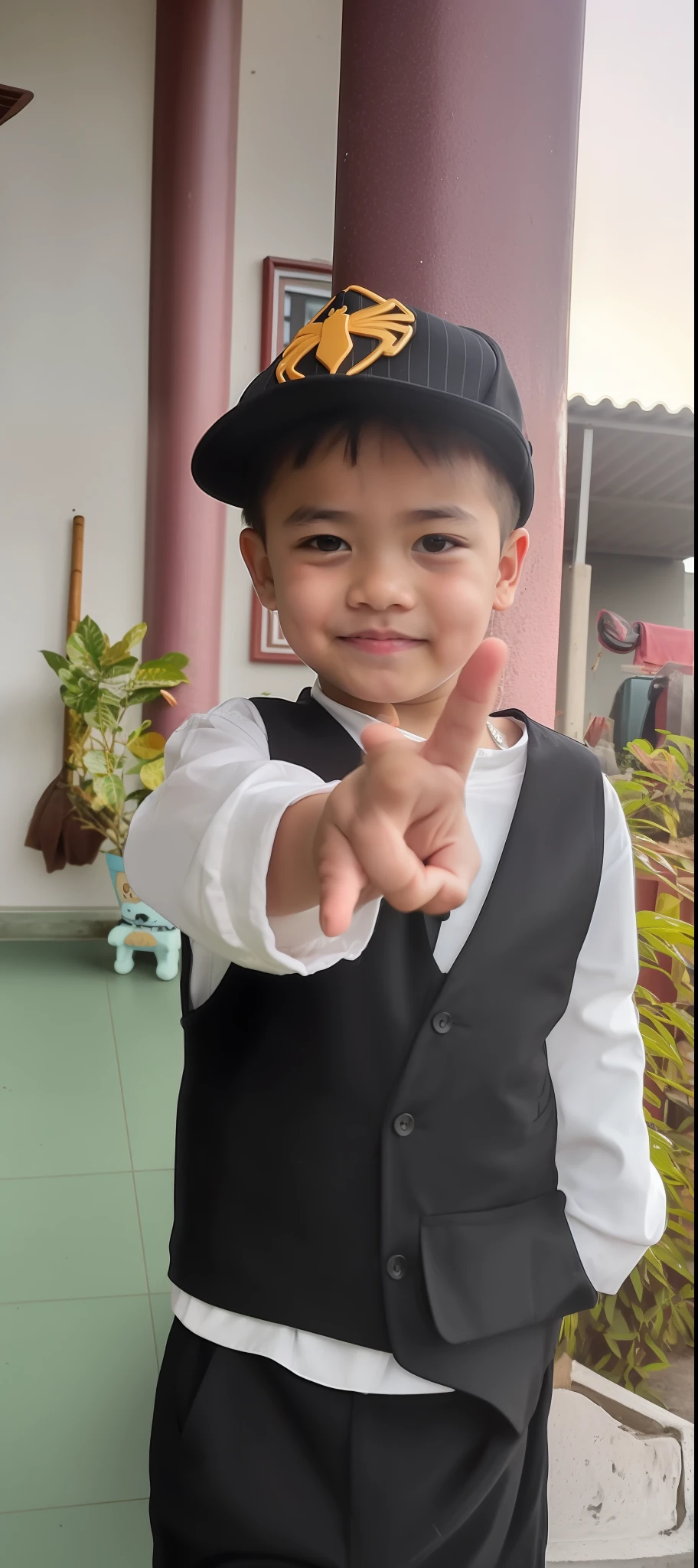 there is a young boy in a vest and hat making a stop sign, kid named finger, pointing at the camera, ruan cute vtuber, in style of lam manh, suit vest and top hat and gloves, with pointing finger, high quality upload, in an action pose, 2 , kid, with index finger, ayan nag