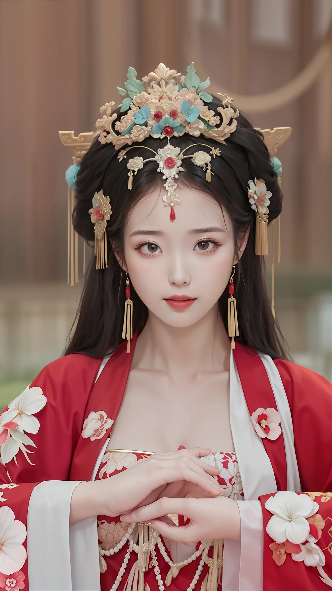 a woman in a red dress and a tia with a flower crown, ancient chinese princess, palace ， a girl in hanfu, chinese princess, traditional beauty, a beautiful fantasy empress, chinese style, ancient chinese beauties, traditional chinese, wearing ancient chinese clothes, ((a beautiful fantasy empress)), chinese girl, chinese empress, ancient asian dynasty princess, hanfu