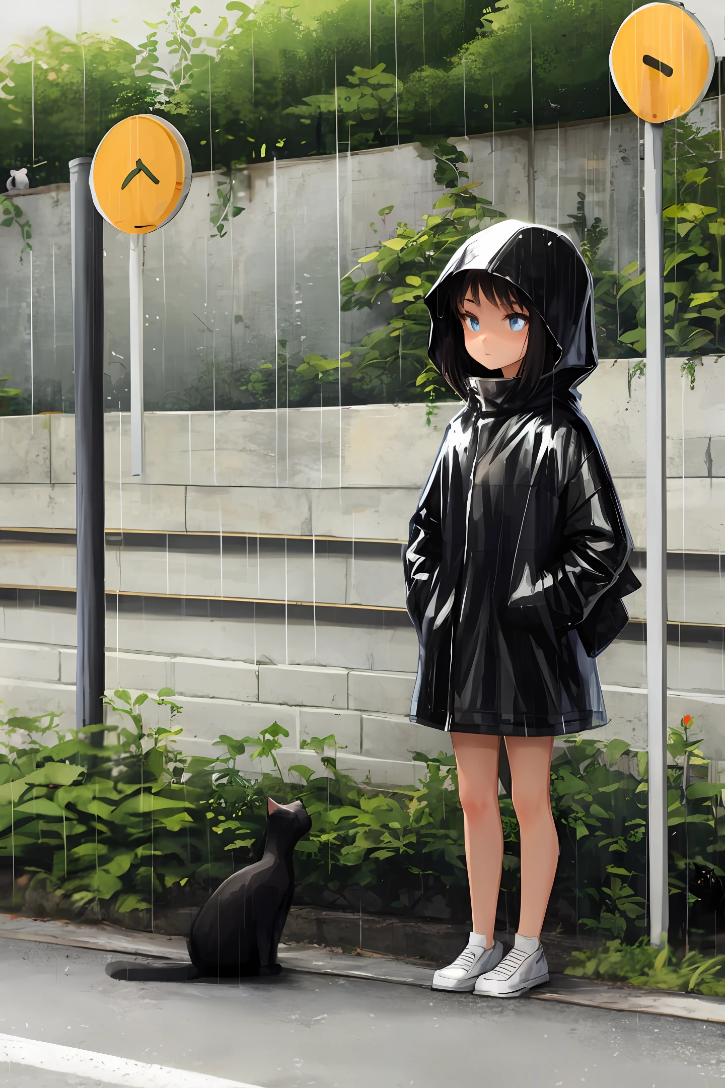 Raincoat,  girl, cat