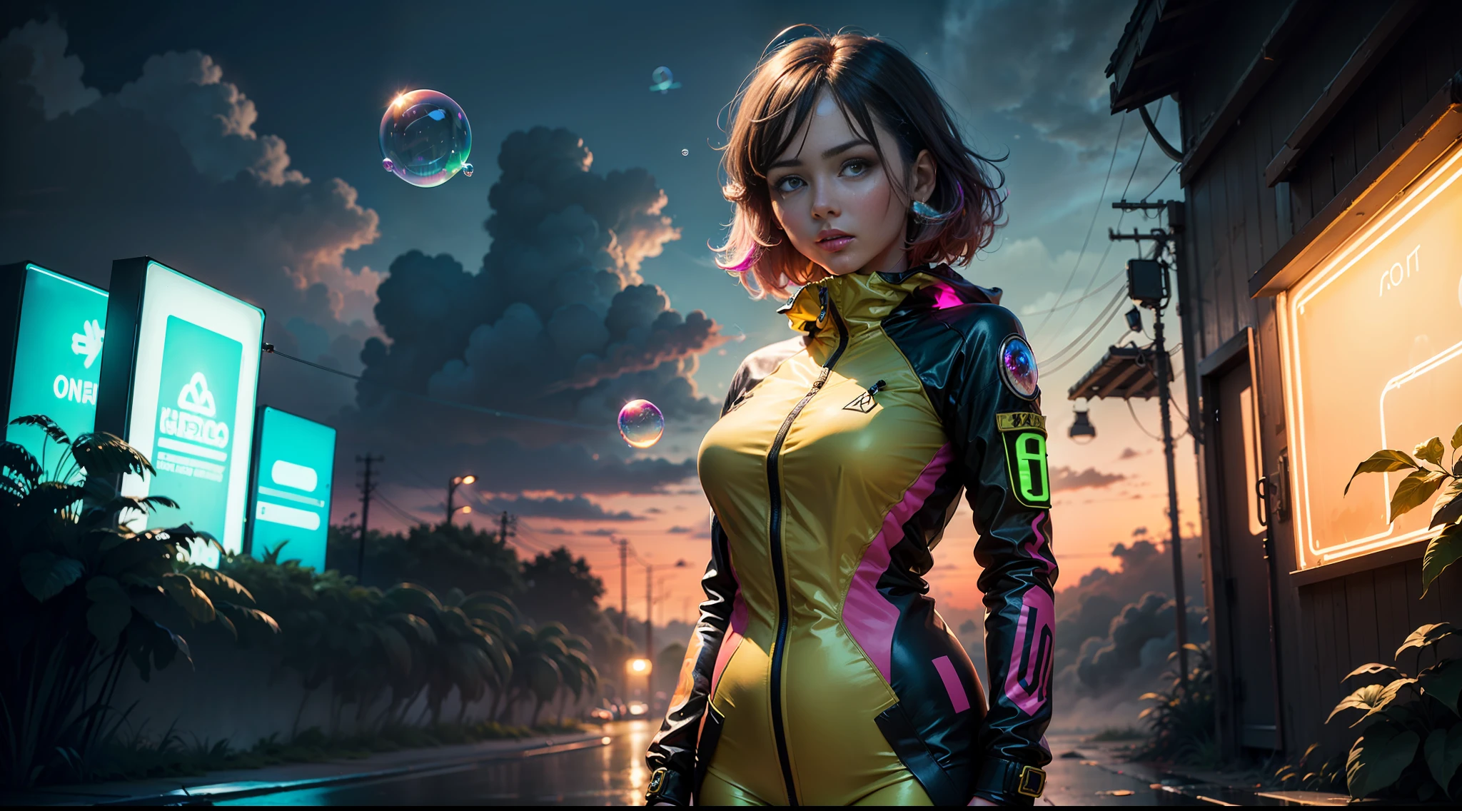 hd masterpiece, one standing woman looking at camera, detailed face, mid shot, golden suit, ((colorful clouds)) and (((neon soap bubbles))), jungles background
