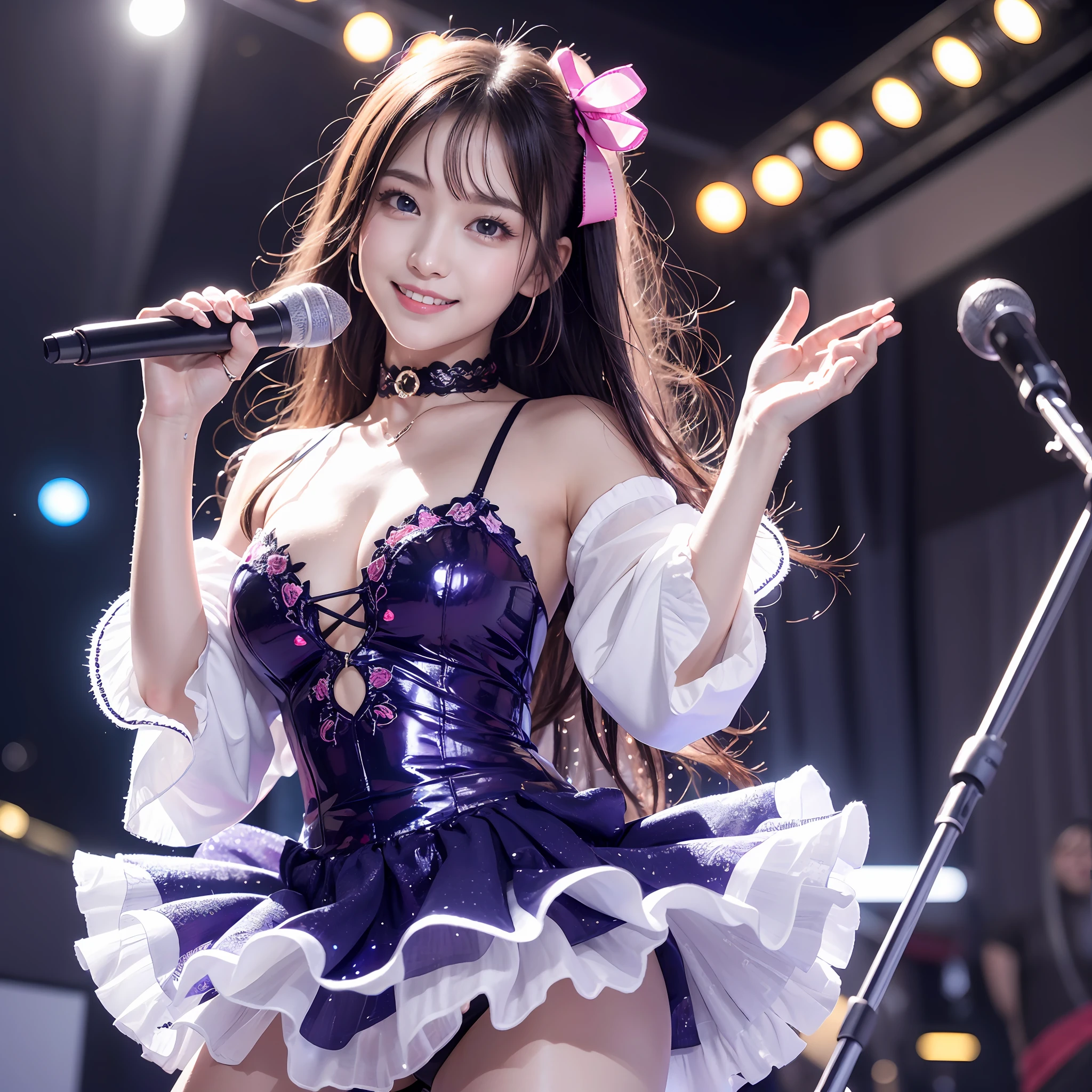 Illustration, cinematic light, high resolution, best quality, ultra detailed, detailed face, (detailed eyes), highest quality, ultra detailed, masterpiece, (detailed face), pretty face, best smile, sexy mature woman transparent (ultra-detailed embroidery and ribbons, idol outfit: 1.5), ruffled miniskirt, cloth, choker, open cloth, NSFW, high heels, blue eyes, neon small shiny hair edges, AI fantasy concert, glowing lighting with neon details, idol, (live stage: 1.15), (holding the microphone with left hand singing: 15), singing with butt sticking out: 5, (to a packed audience in the background), light reflection, heart-shaped iris, playful eyes, open shoulders, (wet body), small shining butterfly, hair jewelry, panties, cute panties: 1.5, 18 years old, Nogizaka idol, Actress, Korean Idol, Gravure Idol
