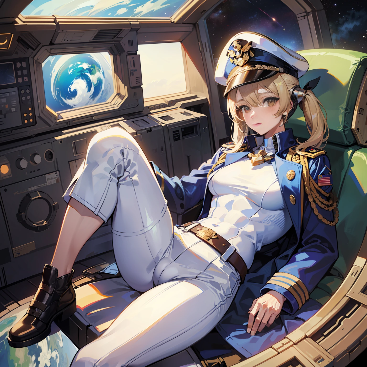 ((Masterpiece)), ((Highest Image Quality)), (((Best Quality)), (Illustration of One Girl), Full Body, 25 Years Old, (Neutral)), ((Blonde Twin Tails)), Light Golden Eyes, (Tall)), (Muscular Strong Body)), ((Muscular and Thick Body)), ((Muscular and Thick Arms)), ((Muscular and Thick Legs)), (Manspreading)), Open Legs, (((Army Uniform)), (Army Hat)), (((Army Coat)), (white clothes), (white pants), (white hat), trench coat, ((inside the spaceship, sitting in the captain's seat)), (outside the window, space, Earth seen from space, spaceport)