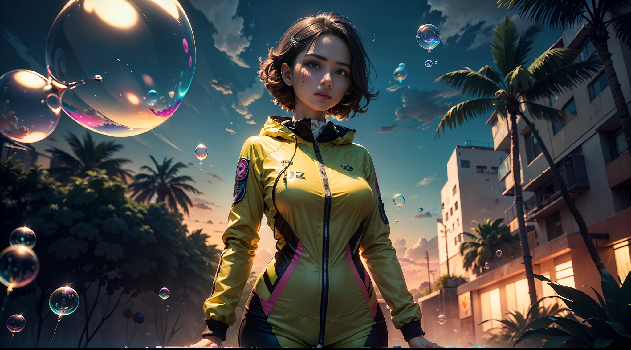 hd masterpiece, one standing woman looking at camera, detailed face, mid shot, golden suit, ((colorful clouds)) and (((neon soap bubbles))), jungles background