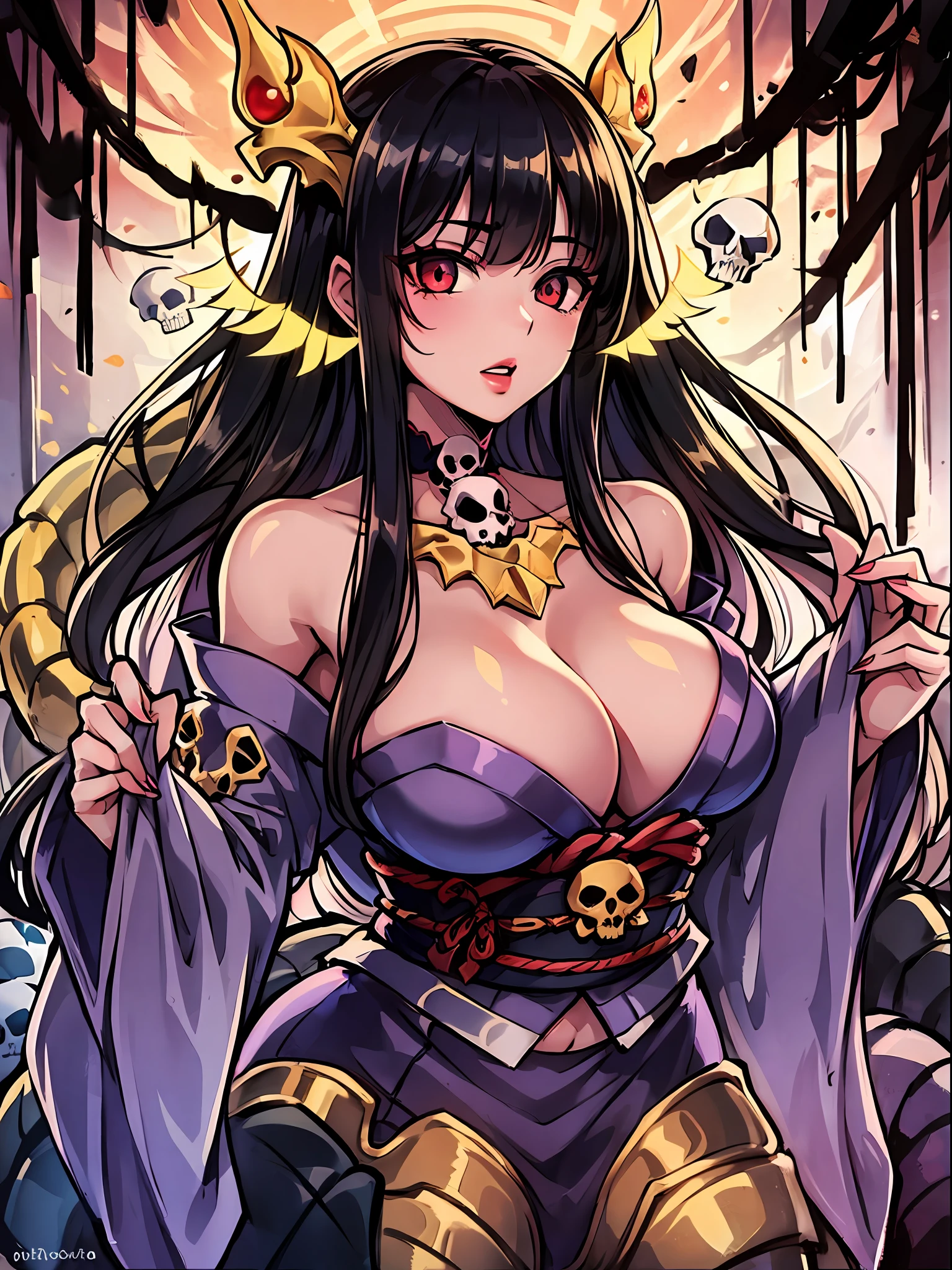 (Large centipede: 1.5), (Arachne: 0.5),
Master-piece, monster, solo, upper body bewitching beauty, lower body is a huge centipede, whole body, kimono beauty, tattered kimono, black hair straight, bangs, crimson lipstick, sink eyes, background is Japan cave, limestone cave, candlestick, golden rays from the ceiling, skull, sexy, sensual, indulgent, erotic, high image quality, high definition, accurate drawing, detailed drawing,