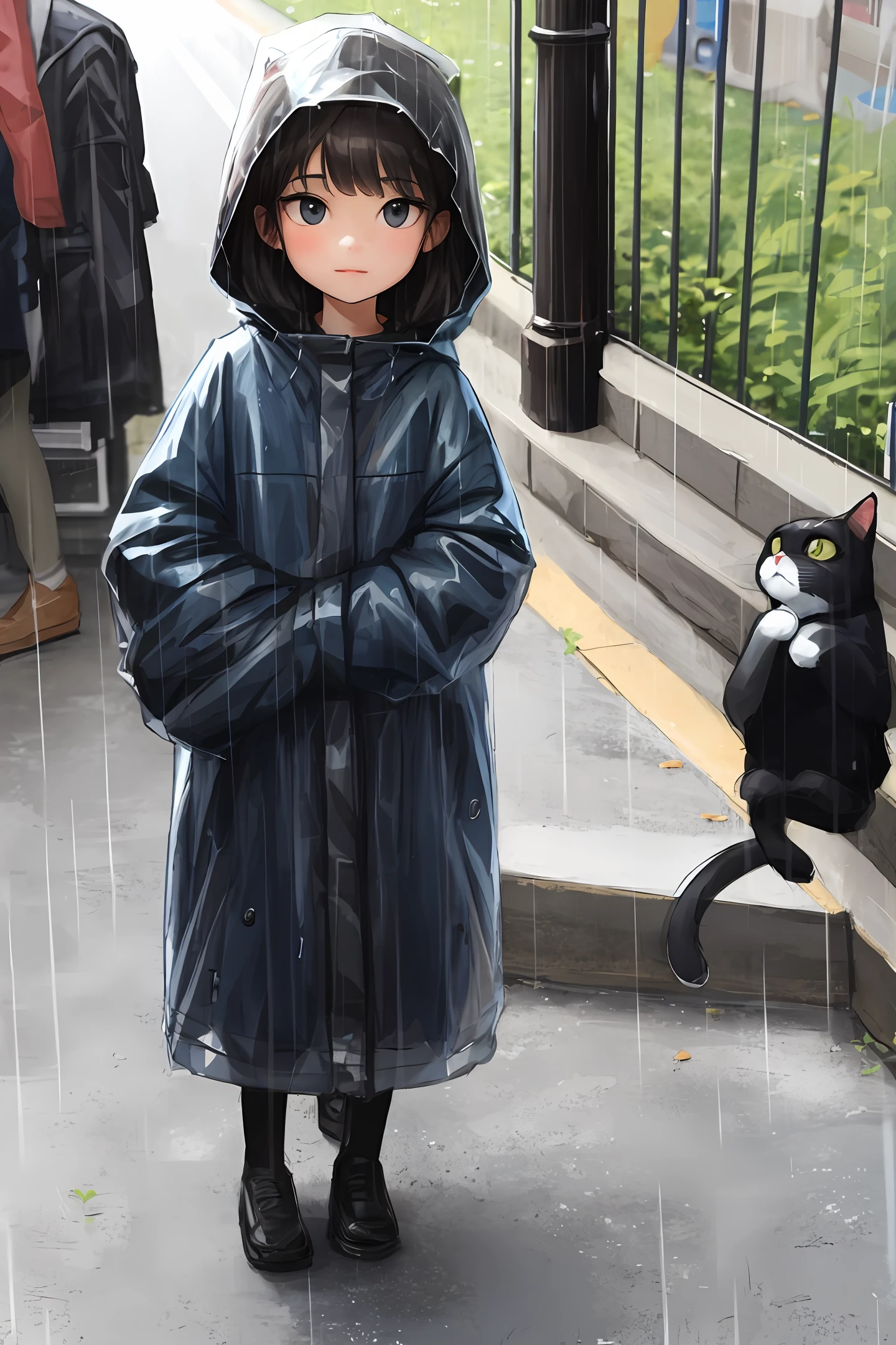 Raincoat, girl, cat