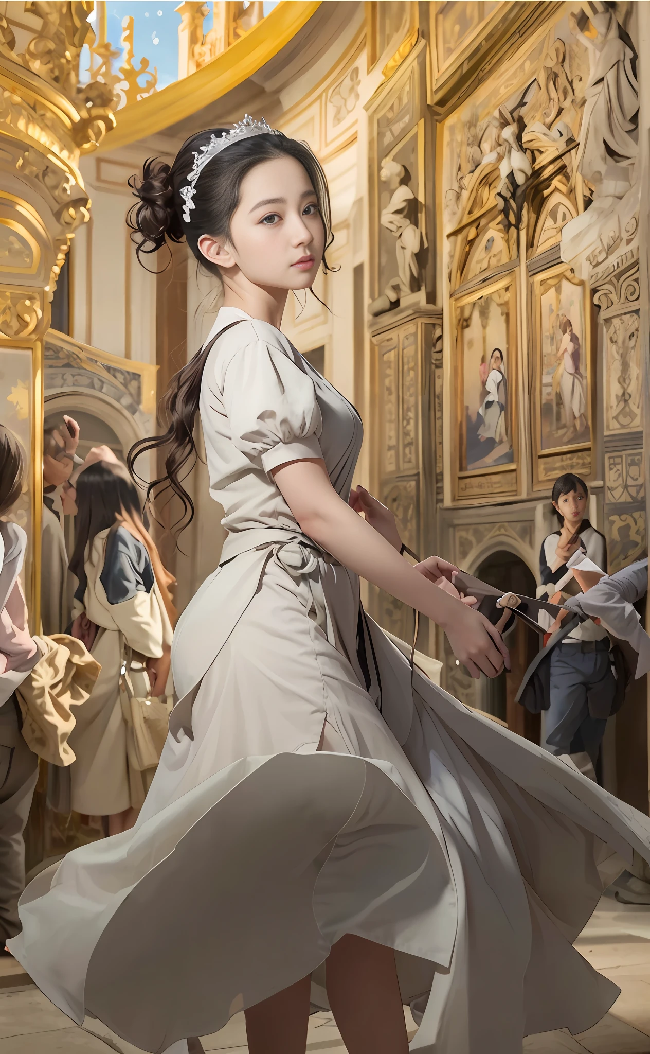 Model shooting style, (extremely detailed CG Unity 8k wallpaper), full-shot body photo of the most beautiful artwork in the world, stunning beautiful photo realistic available, super realistic super detailed photo, a beautiful girl as a female dancer entering the Loggia dei Lanzi of Florence,complex dress, banquet, crowd, [slight smile], (Sculpture of Hercules background), (princess eyes, shining pupils), detailed symmetrical beautiful hazel eyes, detailed gorgeous face, highly detailed, Vibrant, professional majestic oil painting by Ed Blinkey, Atey Ghailan, Studio Ghibli, Jeremy Mann, Greg Manchess, Antonio Moro, ArtStation Trends, CGSociety Trends, Complex, High Detail, Sharp Focus, Dramatic, Realistic Painting Art, by Midjourney and Greg Written by Rutkowski