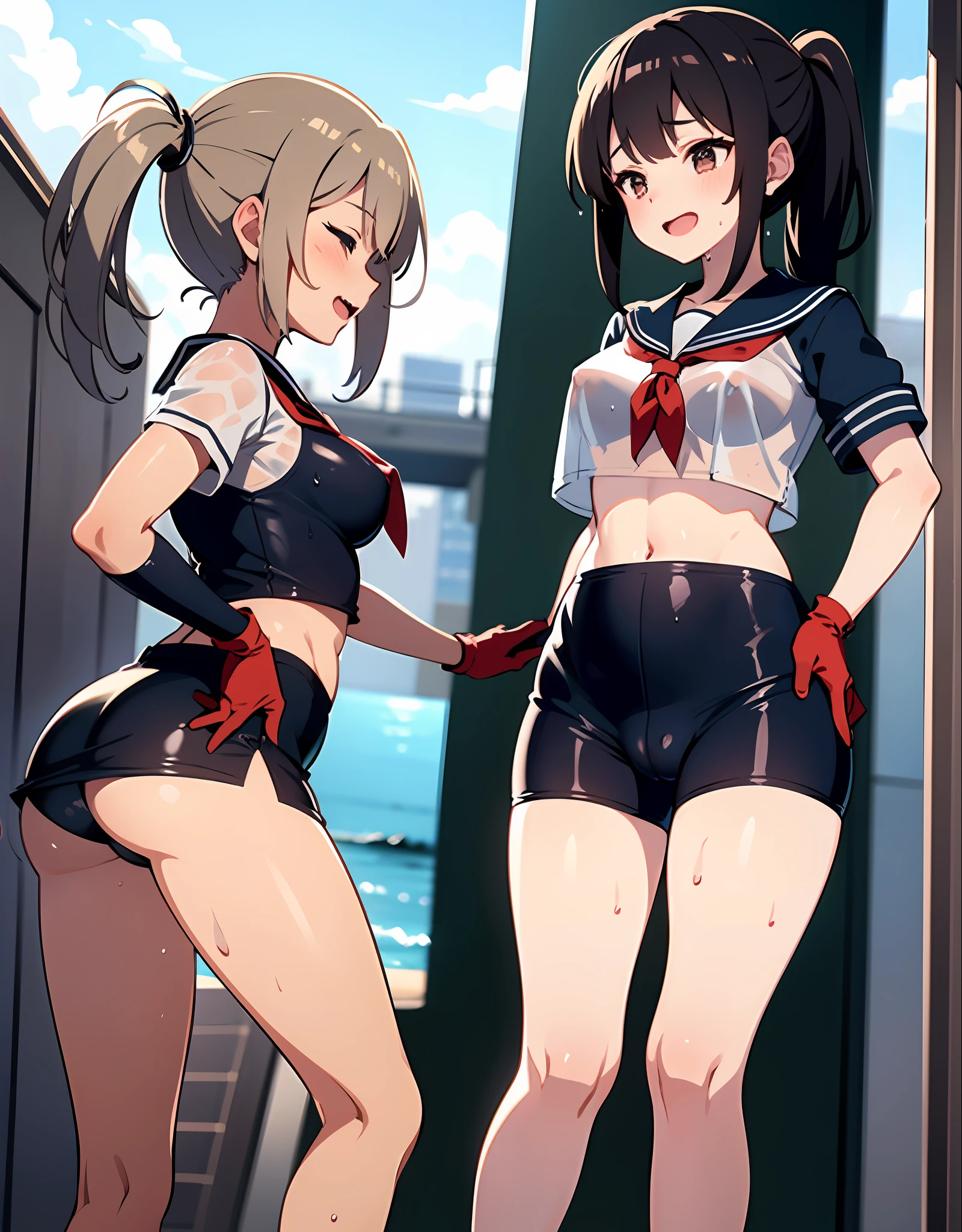 kancolle,ung_teerls、loli、brhair、short_ponytail, long_bangs、blue_midriff_baring_sailor_uniform、mini_skirt、short_sleeve、thighthighs、big_tits, sleepy, Sorrisos、open_mouth、dynamic_pose, childlike_posing ,harbor,dock_background、spread_legs、happiness、NSFW、short_gloves, (wet:1.4),transparent,covered_nipples, covered_crotch, under_tits, sweat, bare_thighs, large_ass, covered_anal, back_view,torn_clothes