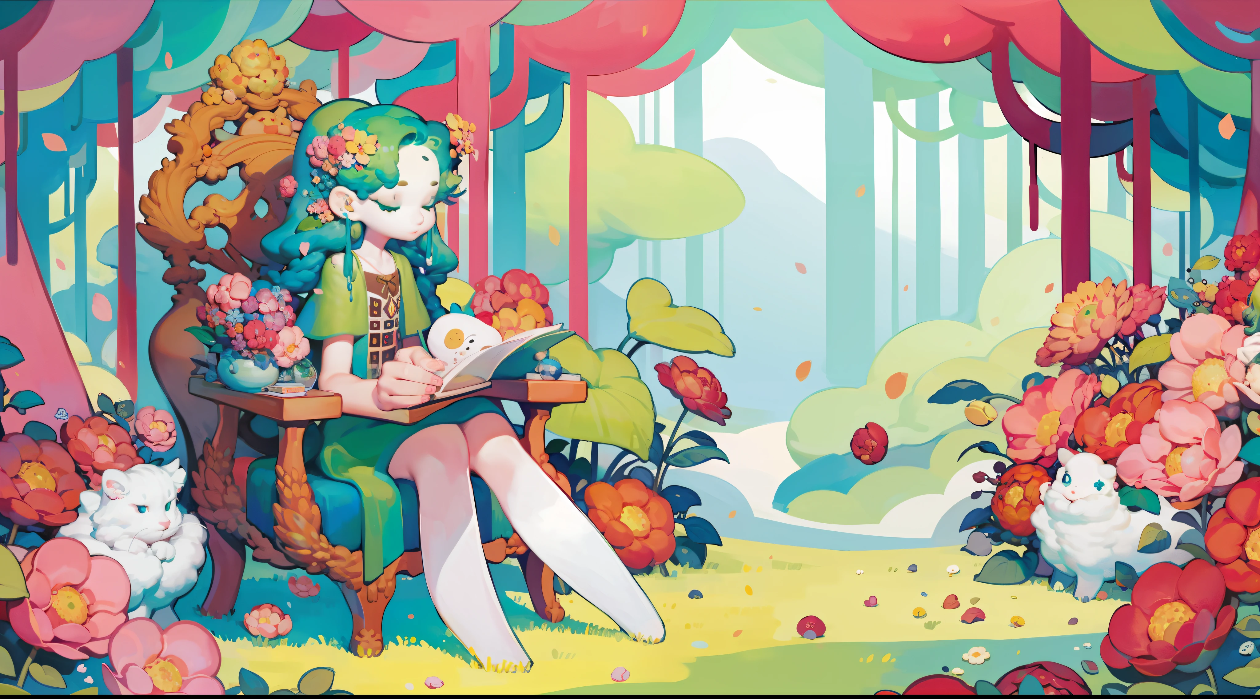 1girl, wildly floating green hair, forest background, surrounded by flowers, insects and pink petals