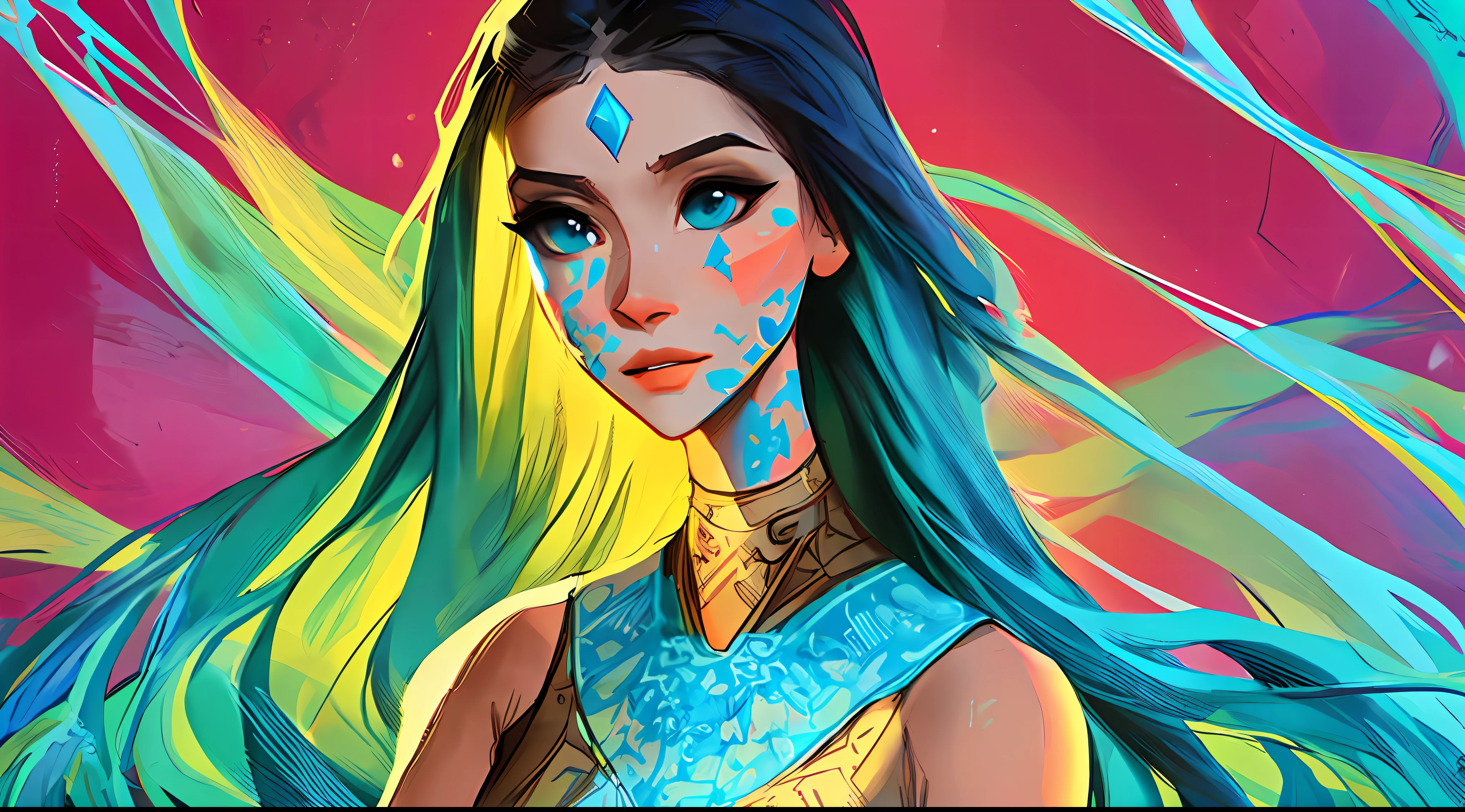 (symmetry:1.1) (portrait of floral:1.05) a woman as a beautiful goddess, (assassins creed style:0.8), blue and pink and opal color scheme, beautiful intricate filegrid facepaint, intricate, elegant, highly detailed, digital painting, artstation, concept art, smooth, sharp focus, illustration, art by greg rutkowski and alphonse mucha, 8k