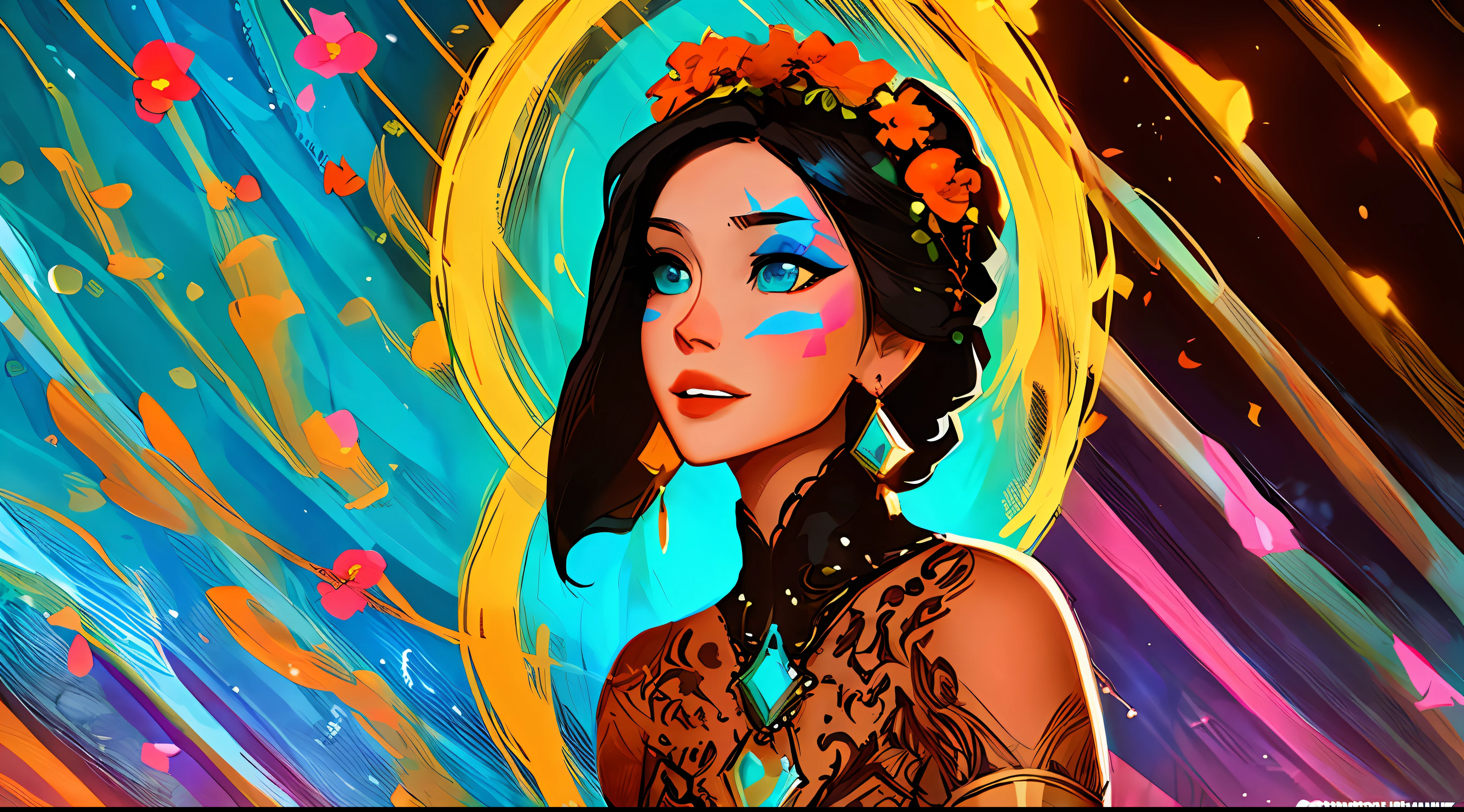 (symmetry:1.1) (portrait of floral:1.05) a woman as a beautiful goddess, (assassins creed style:0.8), blue and pink and opal color scheme, beautiful intricate filegrid facepaint, intricate, elegant, highly detailed, digital painting, artstation, concept art, smooth, sharp focus, illustration, art by greg rutkowski and alphonse mucha, 8k